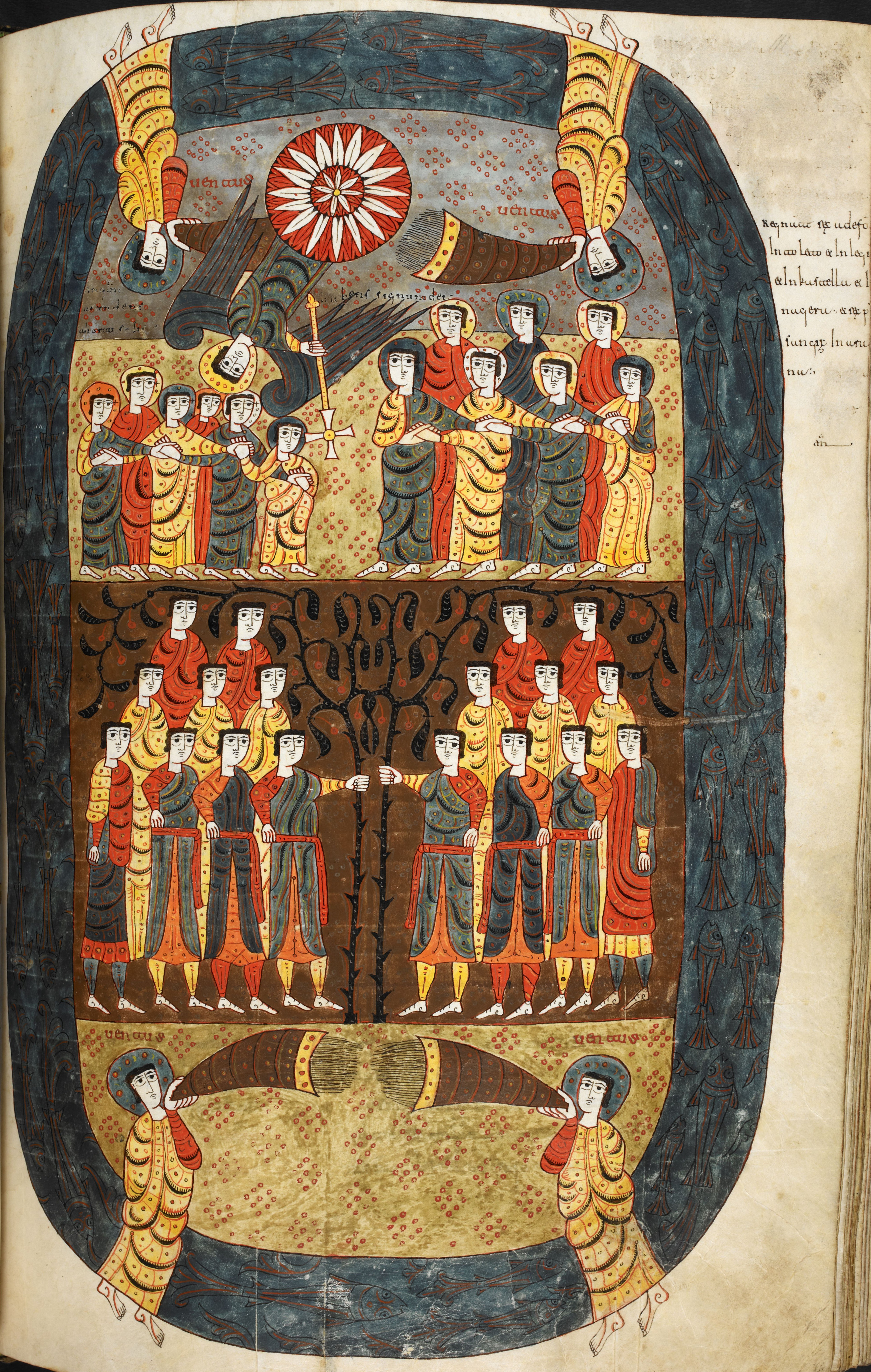 Beatus de Silos, folio 111r – Les 144 000 élus sont marqués au front du signe de Dieu ; quatre anges retiennent les quatre vents de la terre (Ap 7, 1-8).