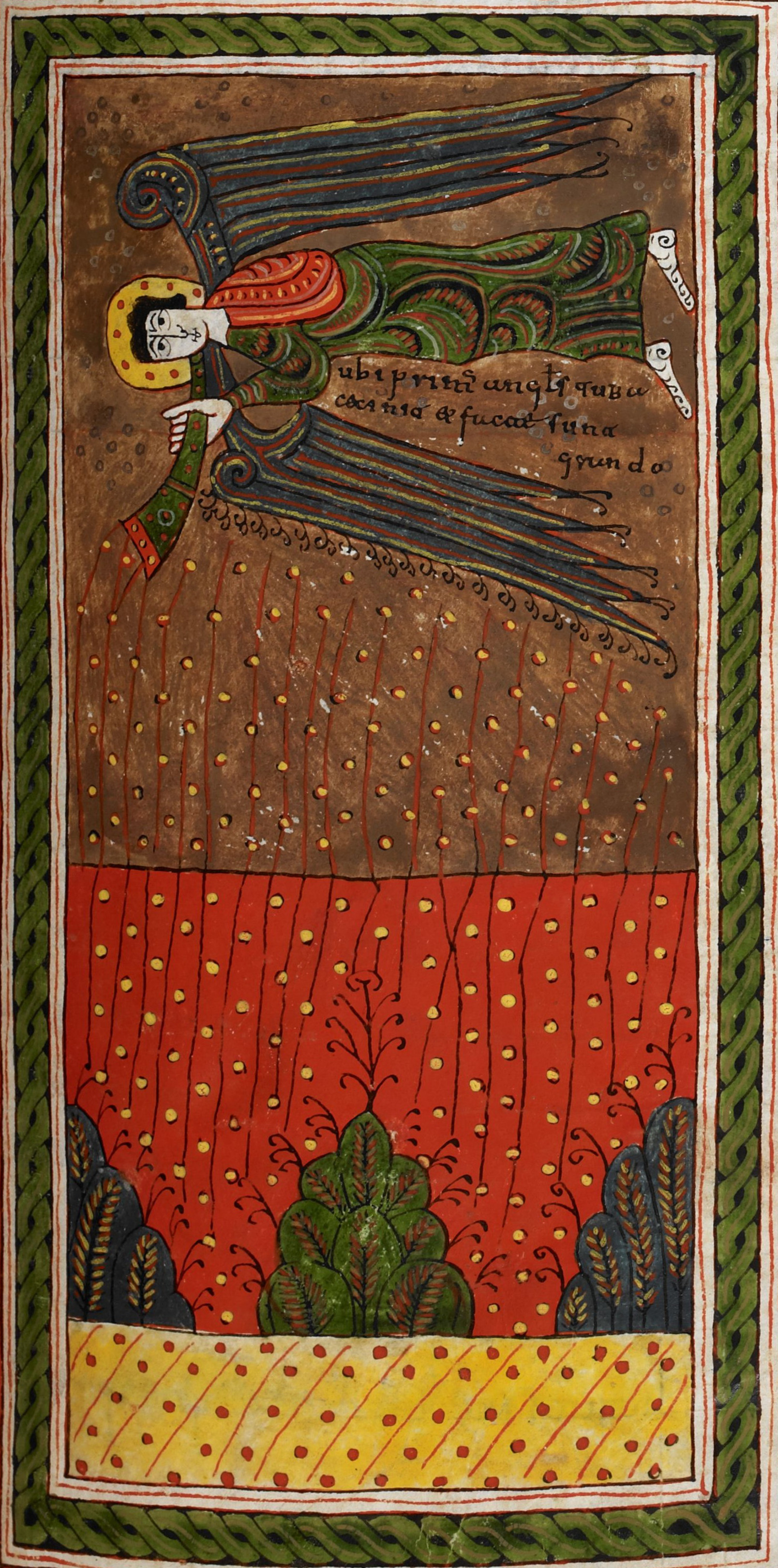 Beatus de Silos, folio 127r – La première trompette, la grêle et le feu mêlé de sang (Ap 8, 7).