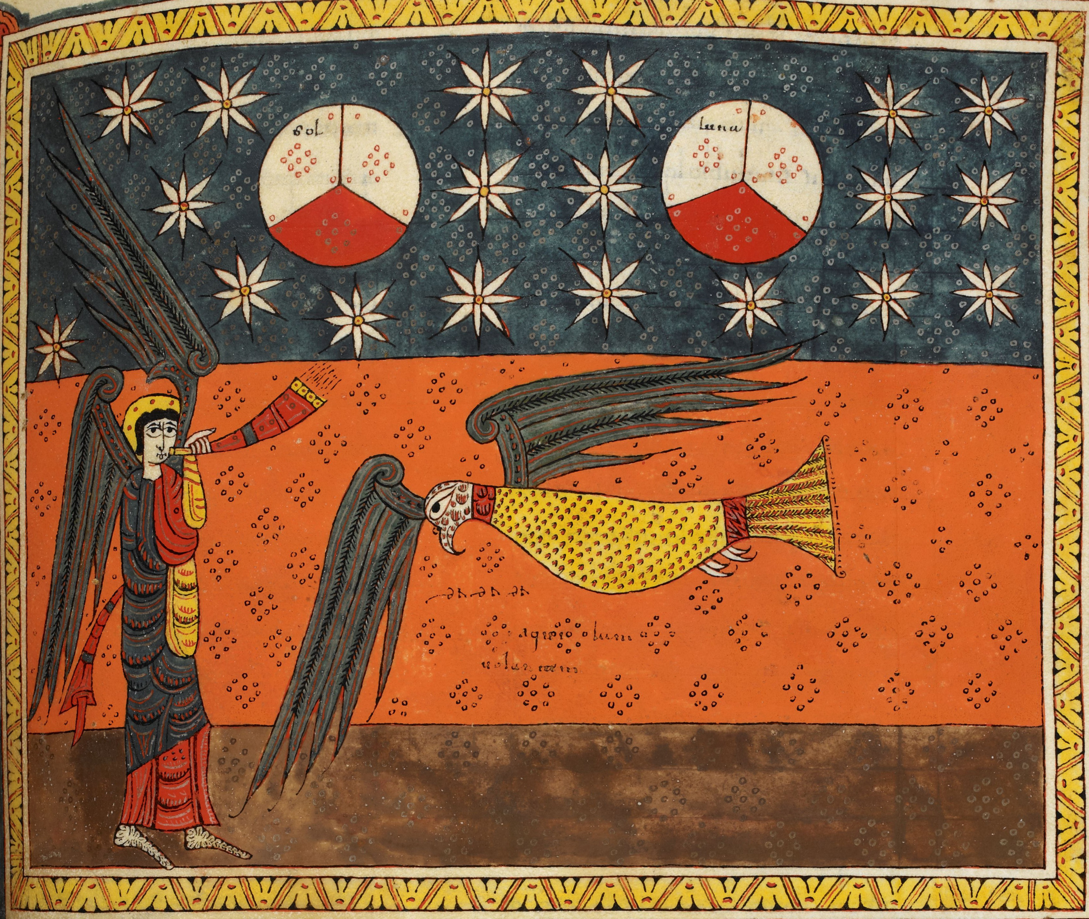 Beatus de Silos, folio 130r – La quatrième trompette, le soleil, la lune et les étoiles sont frappés d’un tiers d’obscurité ; un aigle, volant au zénith, annonce les malheurs futurs (Ap 8, 12-13).