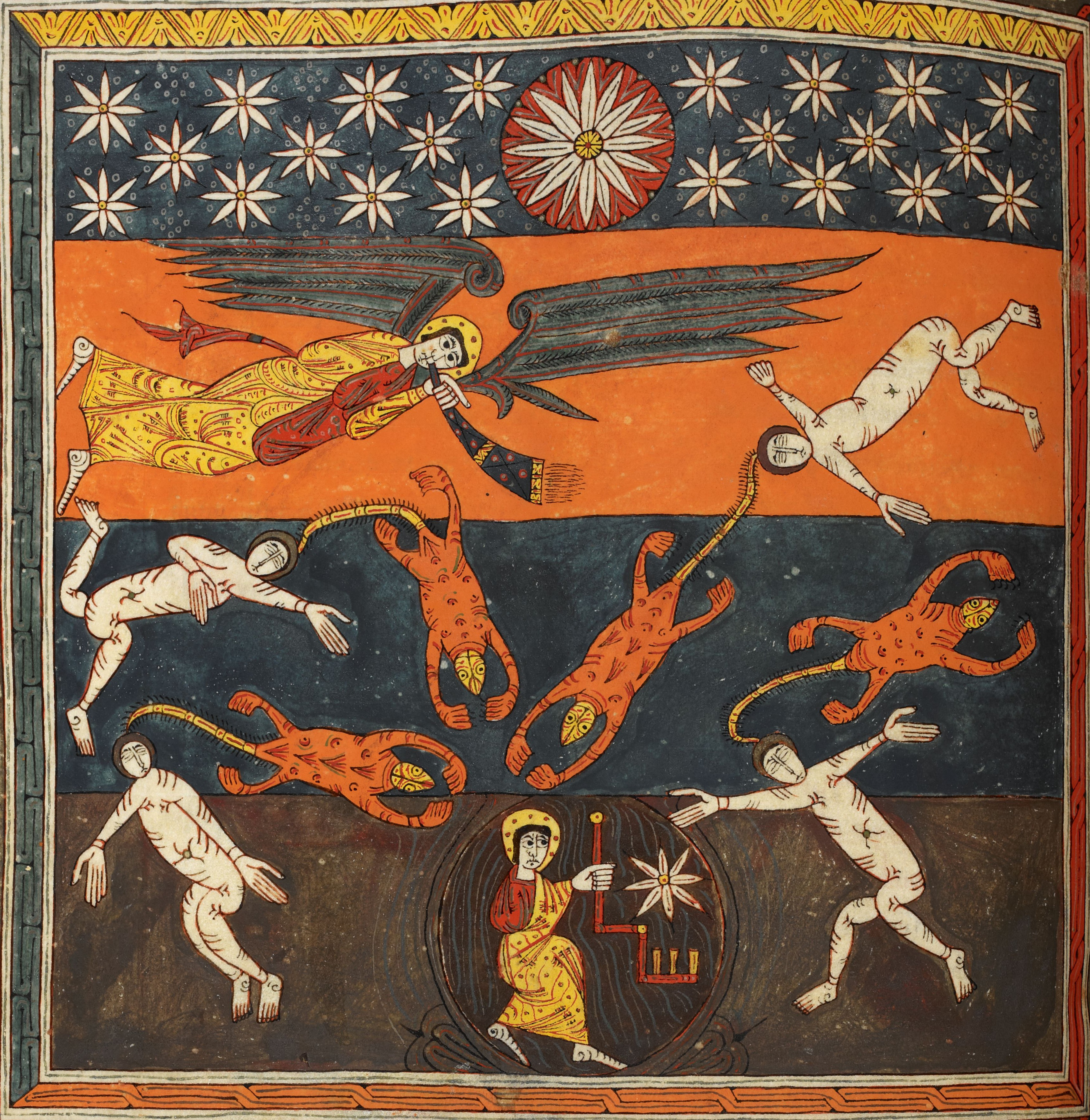 Beatus de Silos, folio 131v – La cinquième trompette, un ange remet à un astre tombé sur la terre la clef du puits de l’abîme, les sauterelles se répandent sur la terre (Ap 9, 1-6).