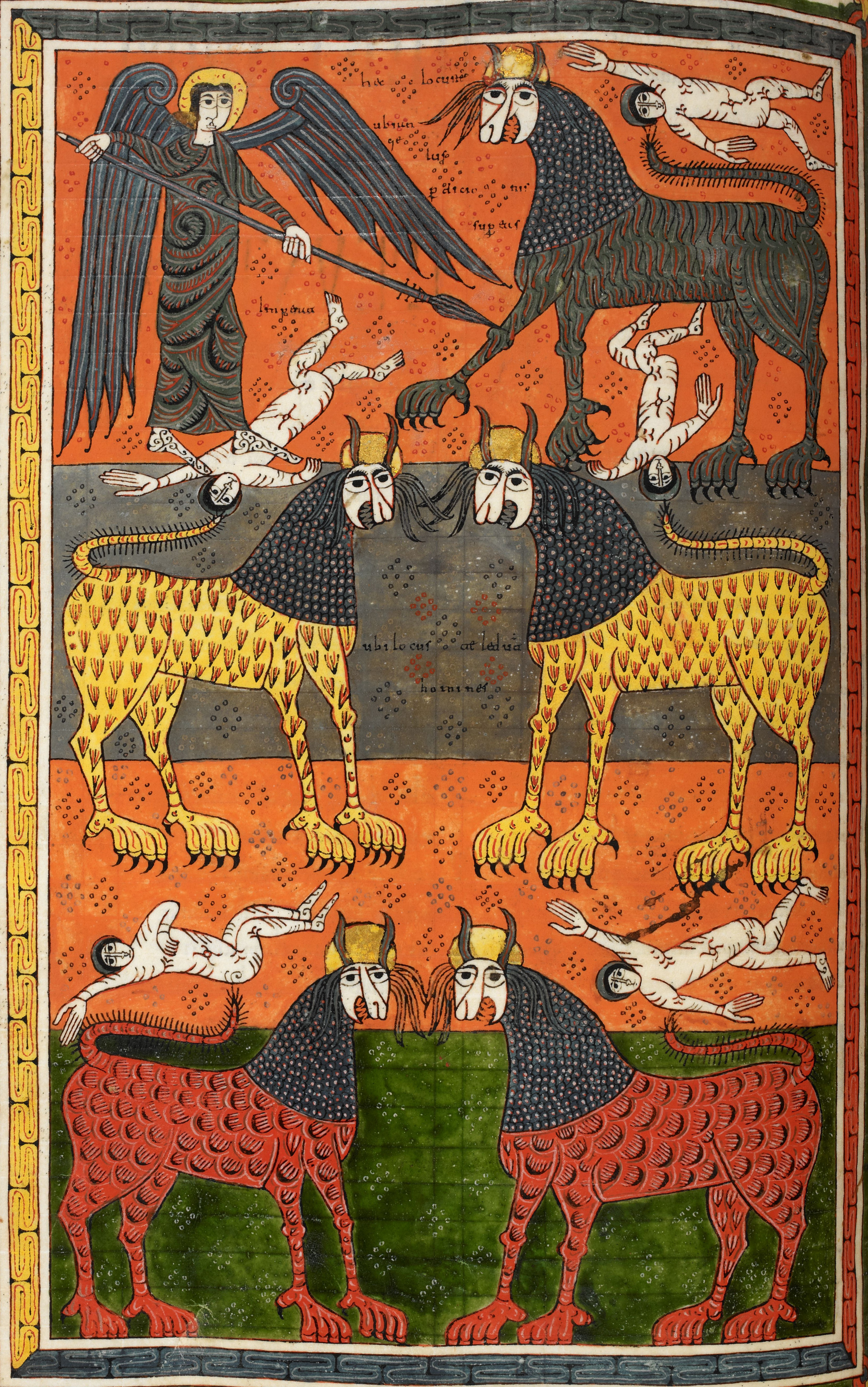 Beatus de Silos, folio 133v – Les sauterelles monstrueuses tourmentent les hommes, à leur tête l’ange de l’Abîme (Ap 9, 7-11).