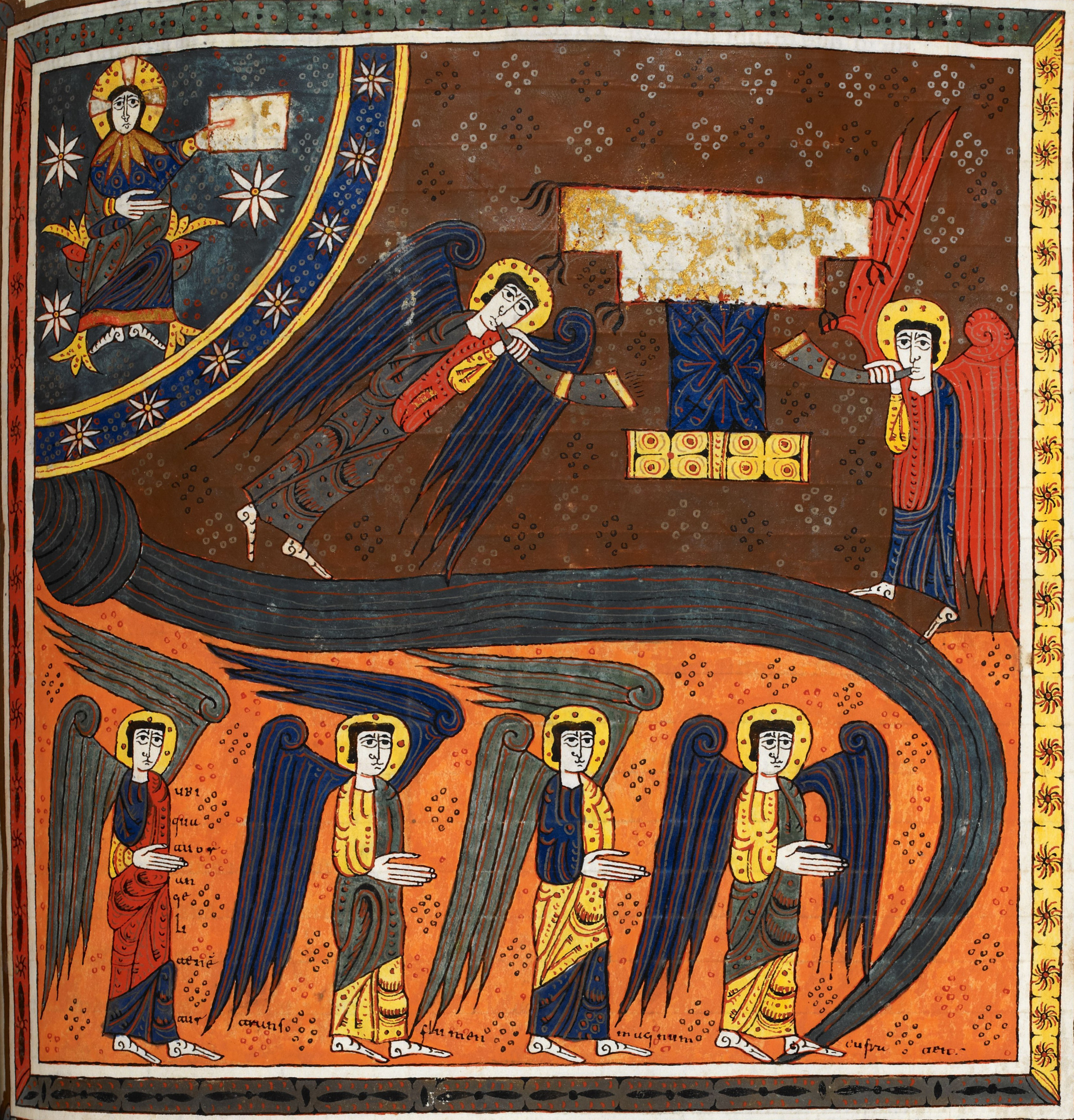 Beatus de Silos, folio 135r – La sixième trompette, relâchement des quatre anges enchainés sur le fleuve Euphrate dans le but d’exterminer le tiers des hommes (Ap 9, 13-15).
