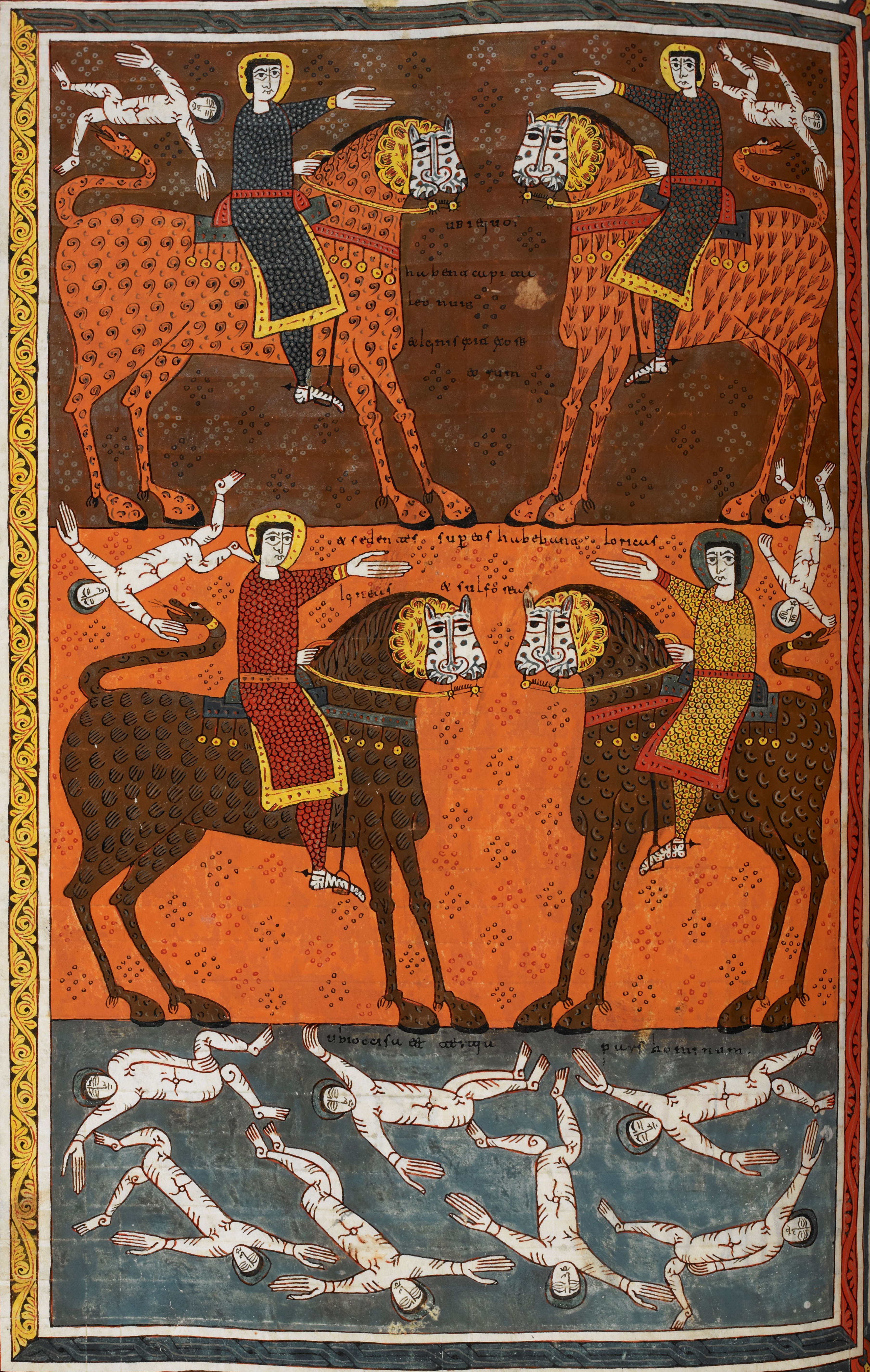 Beatus de Silos, folio 136v – L’armée des quatre anges, leurs chevaux à tête de lion et à queue de serpent crachent du feu, de la fumée et du soufre (Ap 9, 16-19).