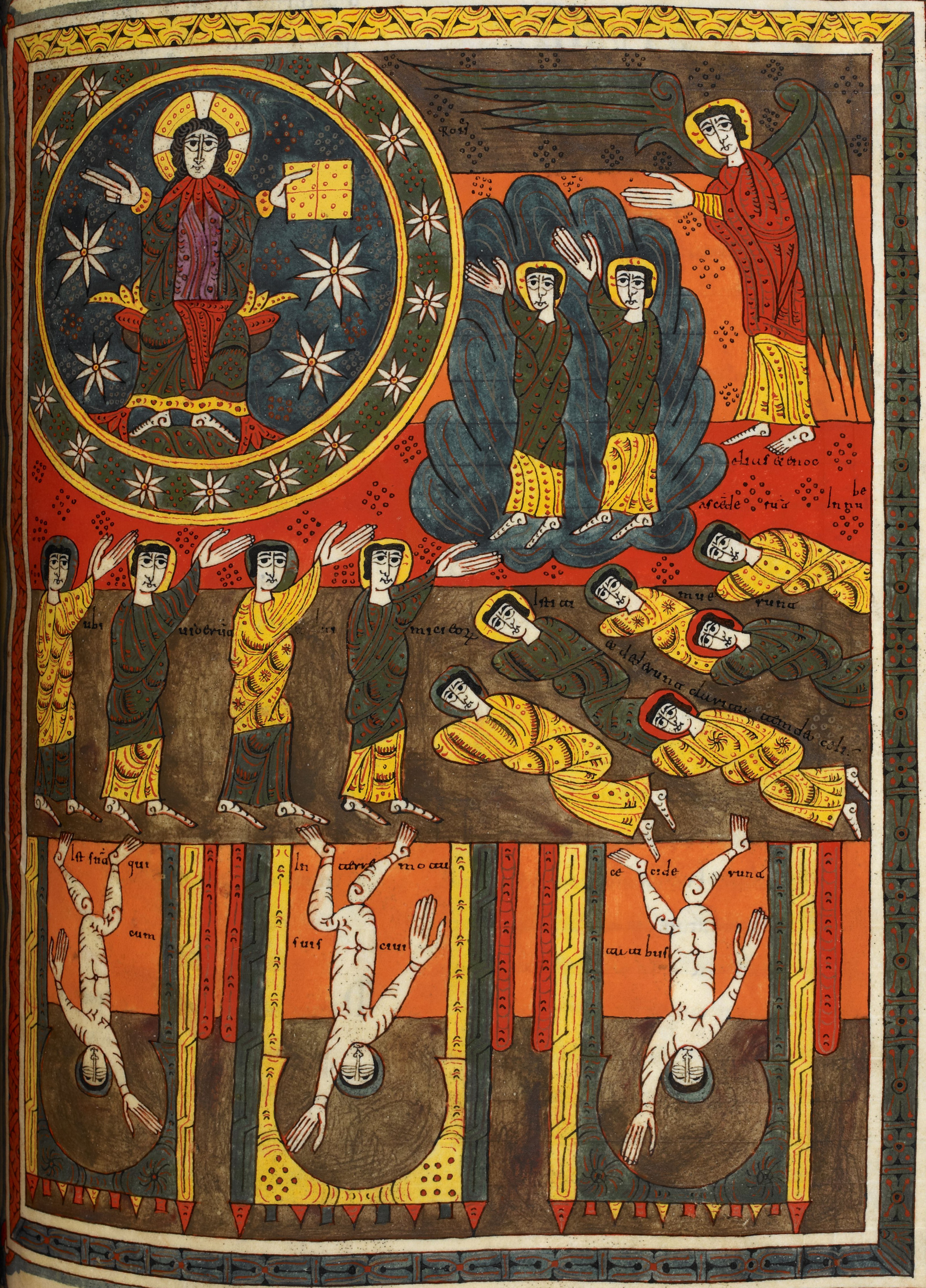 Beatus de Silos, folio 144r – Les deux témoins, ressuscités, montent au ciel dans la nuée ; le tremblement de terre, destruction du dixième de la ville (Ap 11, 11-13).