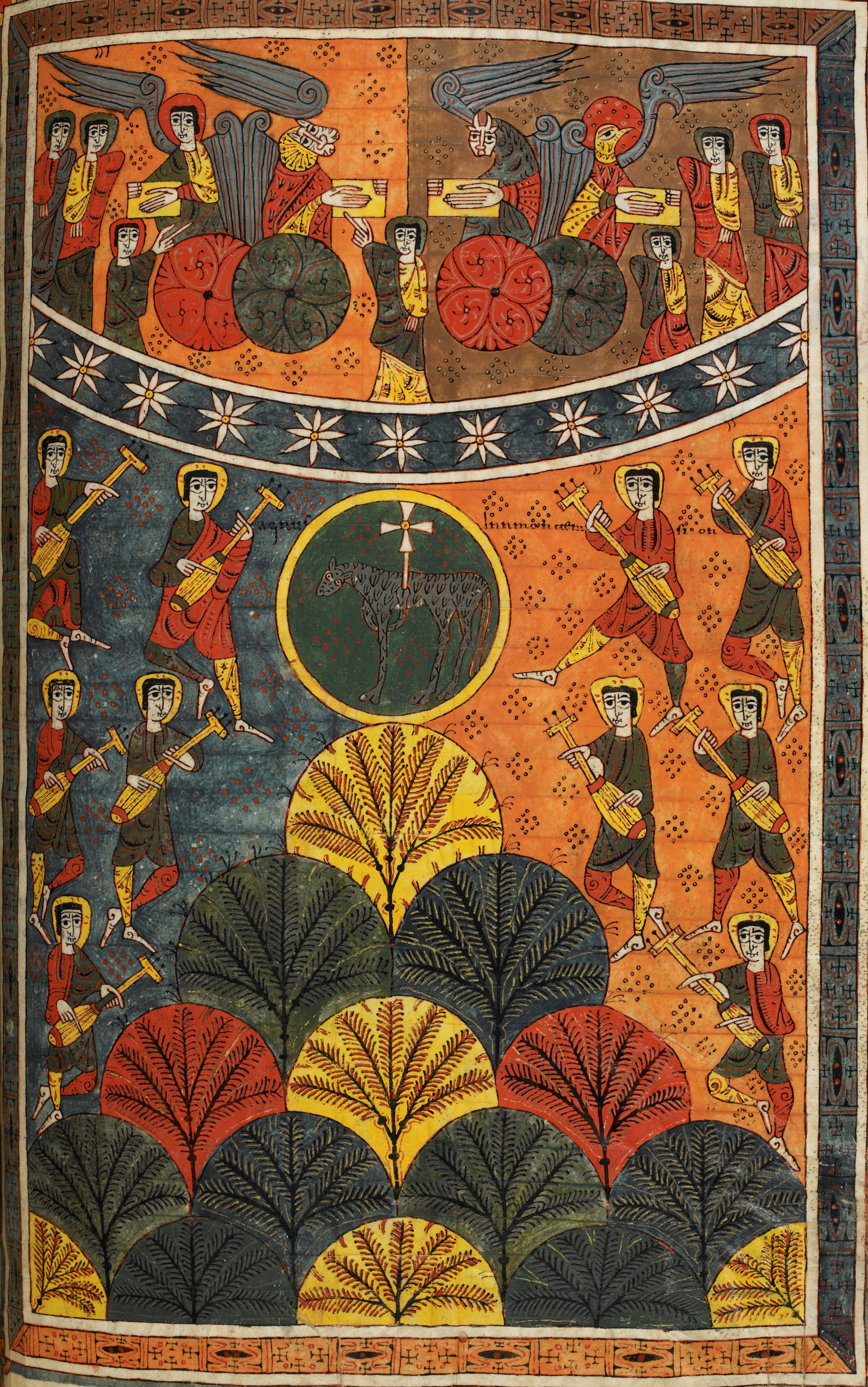 Beatus de Silos, folio 164r – L’Agneau de Dieu sur le mont Sion, loué par les 144 000 devant les 4 Vivants et les 24 vieillards (Ap 14, 1-5).