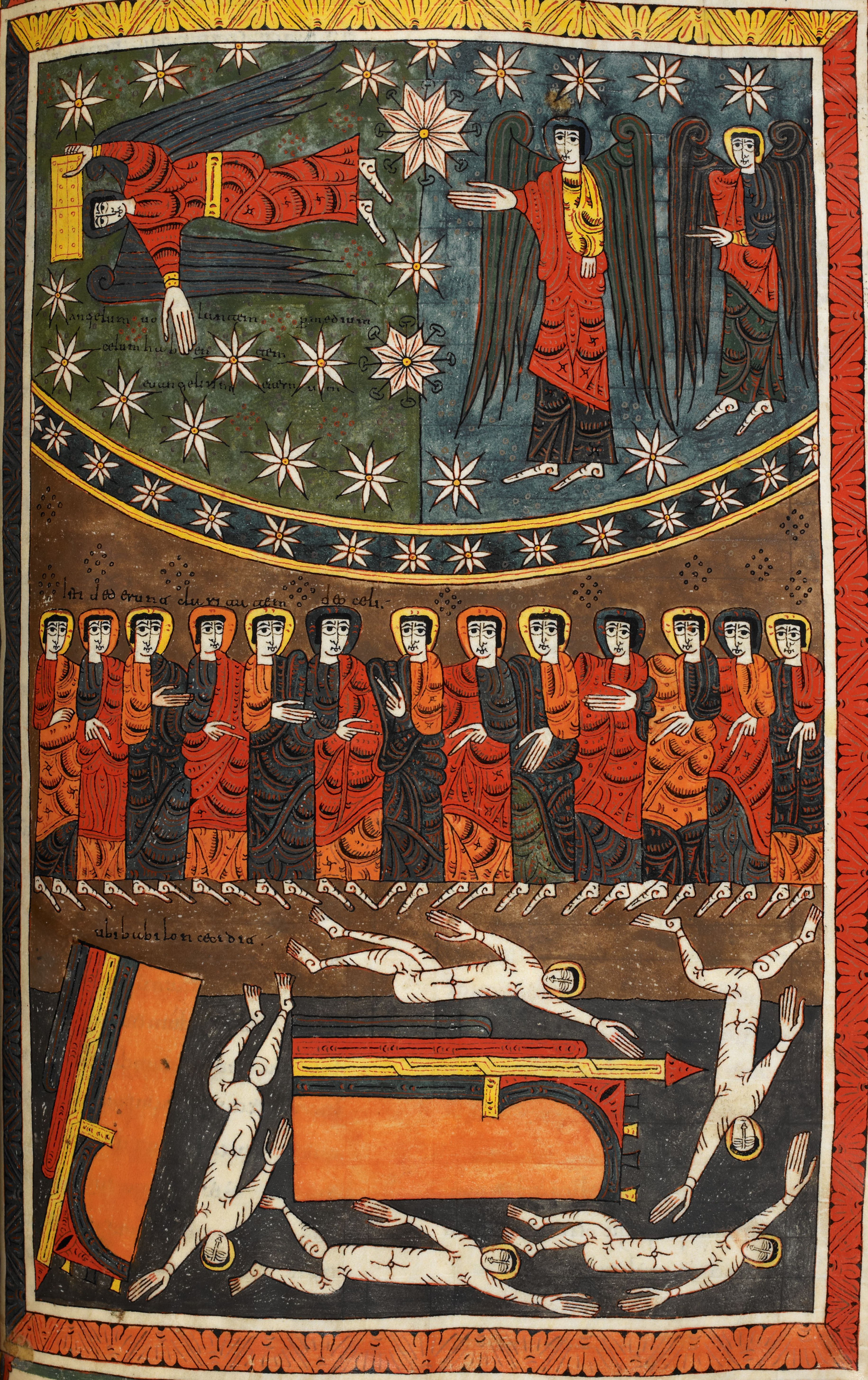 Beatus de Silos, folio 166r – Avertissement des trois anges volant au zénith, la chute de Babylone la Grande (Ap 14, 6-11).