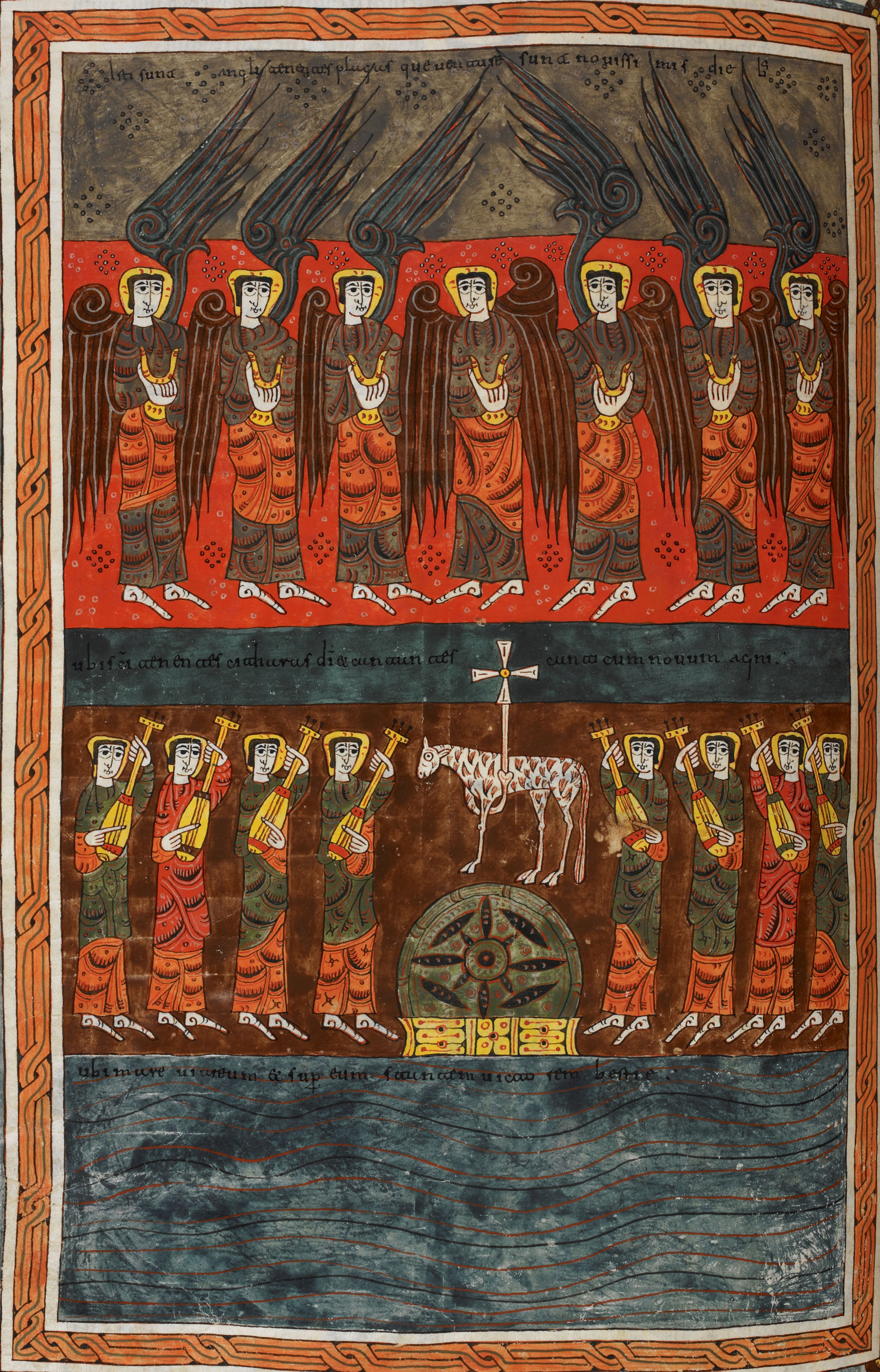 Beatus de Silos, folio 170v – Les sept anges portant les sept fléaux, la mer de cristal. Ceux qui ont triomphé de la Bête louent l’Agneau accompagnés de la harpe (Ap 15, 1-4).
