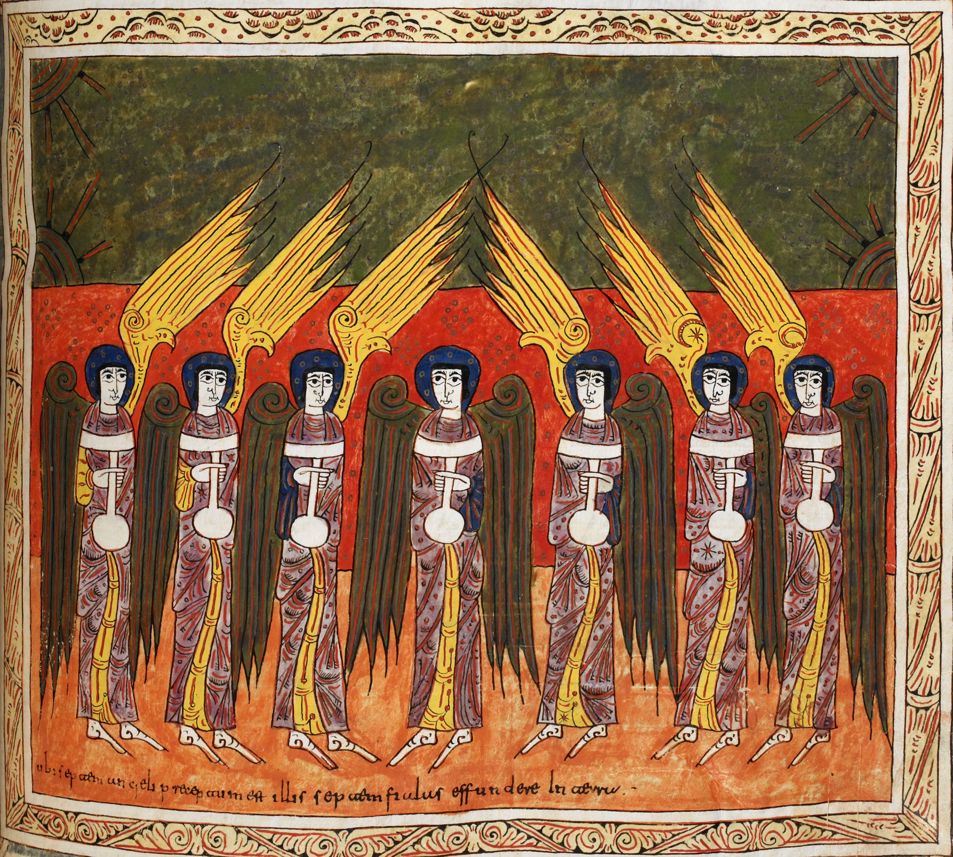 Beatus de Silos, folio 173r – Les sept anges aux sept fléaux vétus de lin et porteurs des sept coupes d’or remplies de la colère de Dieu (Ap 15, 6-16, 1).