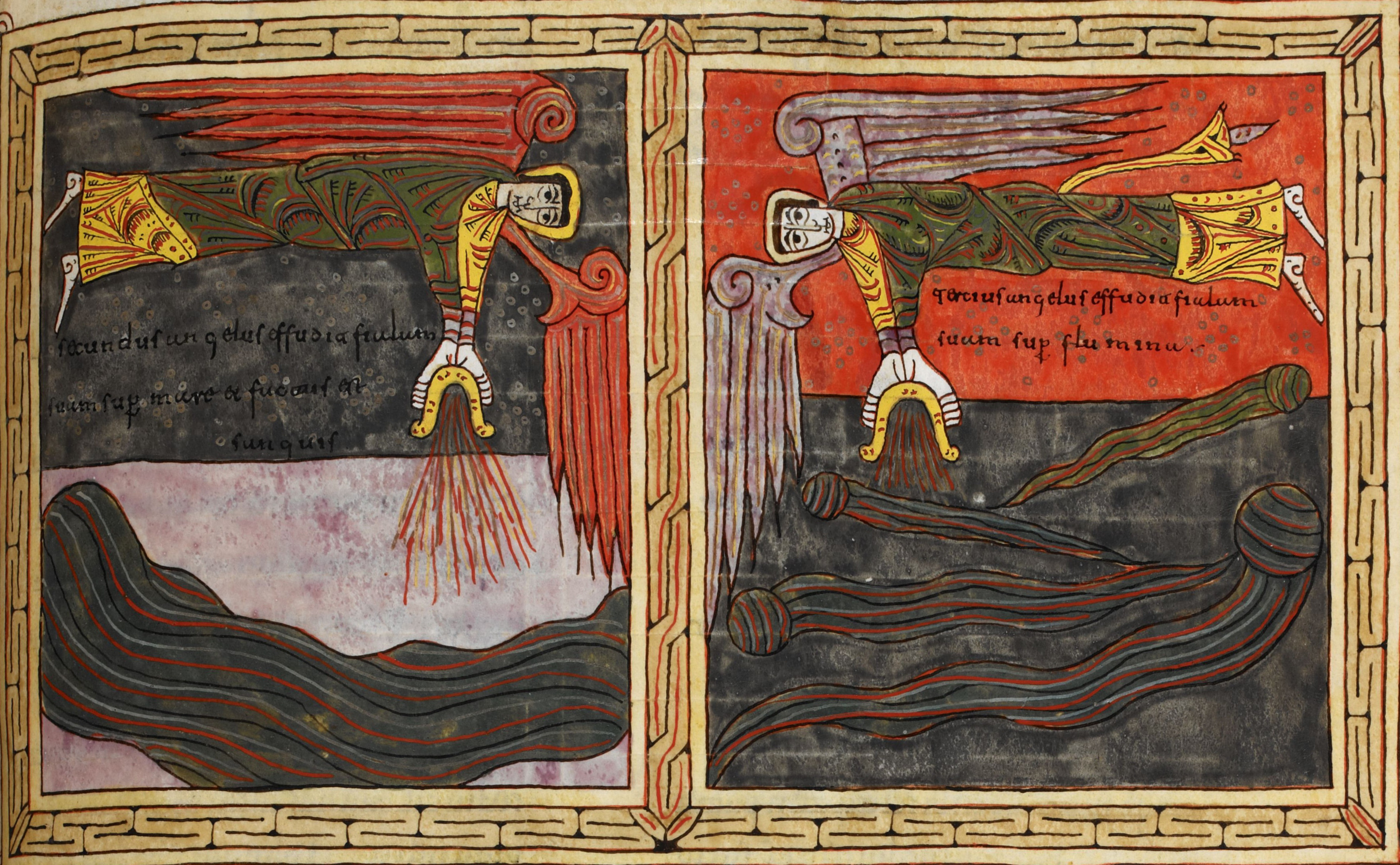 Beatus de Silos, folio 175r – La deuxième et la troisième coupe sont répandues sur la mer et sur les sources, le fléau du sang (Ap 16, 3-7).