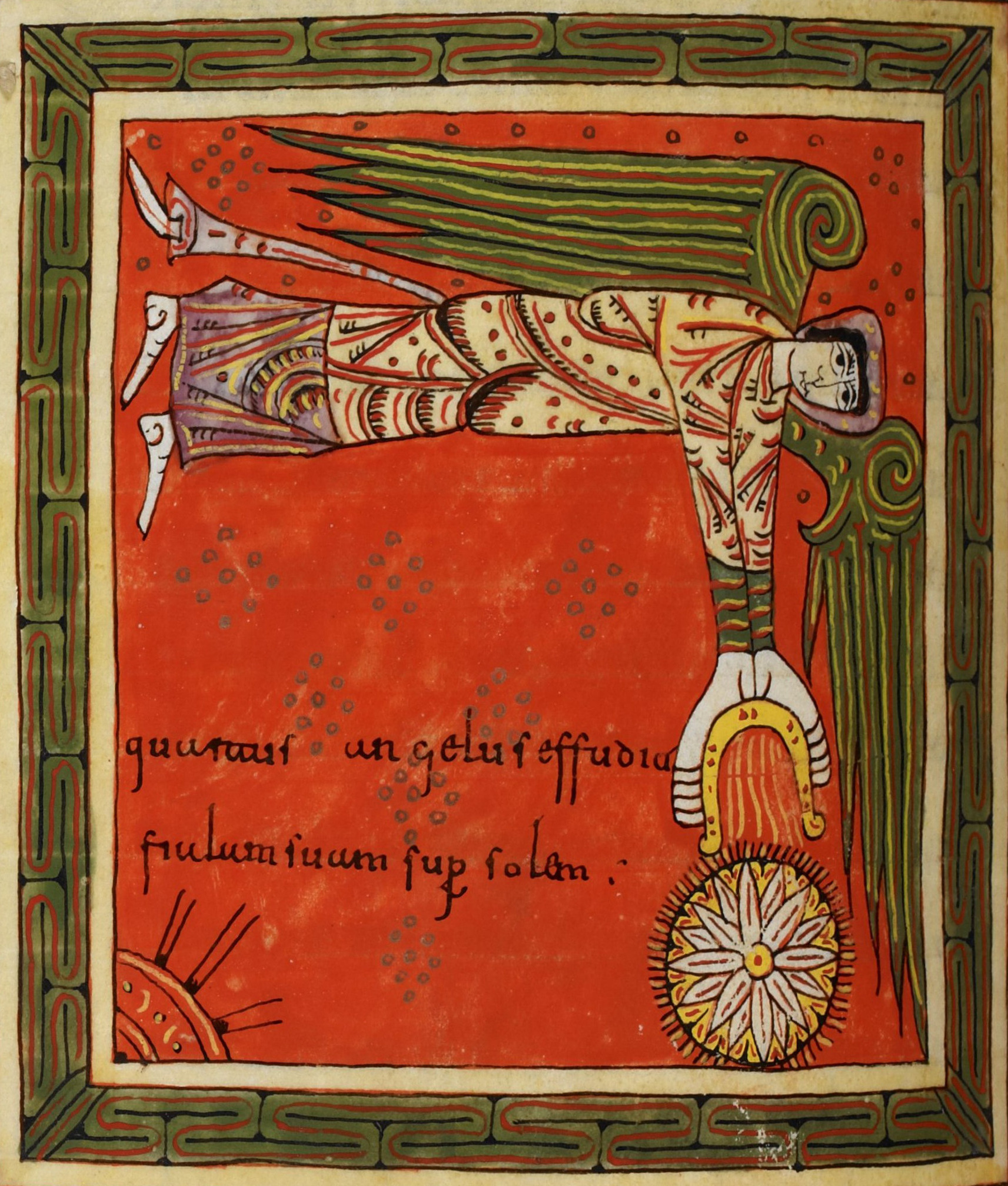 Beatus de Silos, folio 176v – La quatrième coupe répandue sur le soleil, le fléau de la chaleur torride (Ap 16, 8-9).