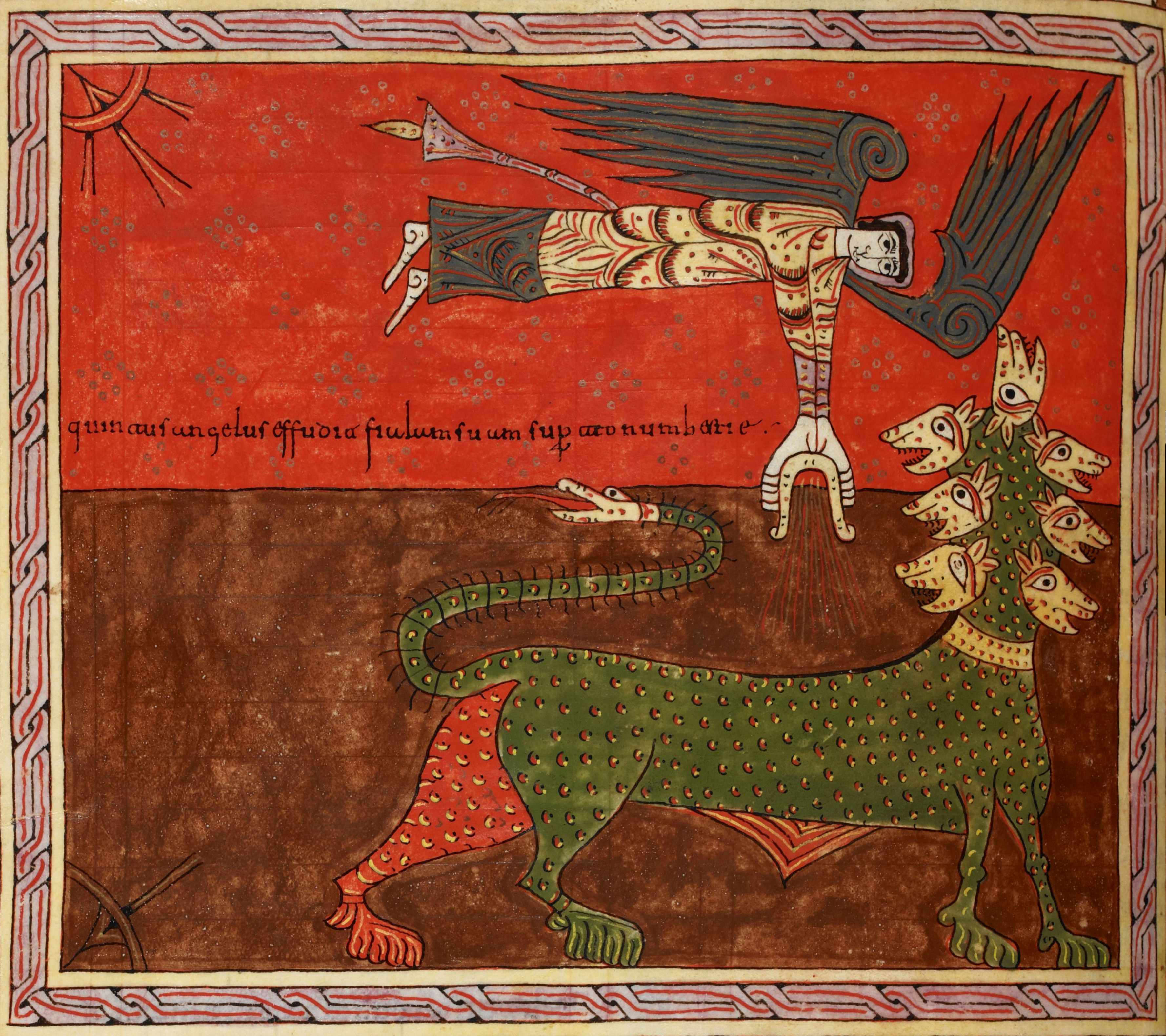 Beatus de Silos, folio 177v – La cinquième coupe répandue sur le trône de la Bête, le fléau des ténèbres (Ap 16, 10).