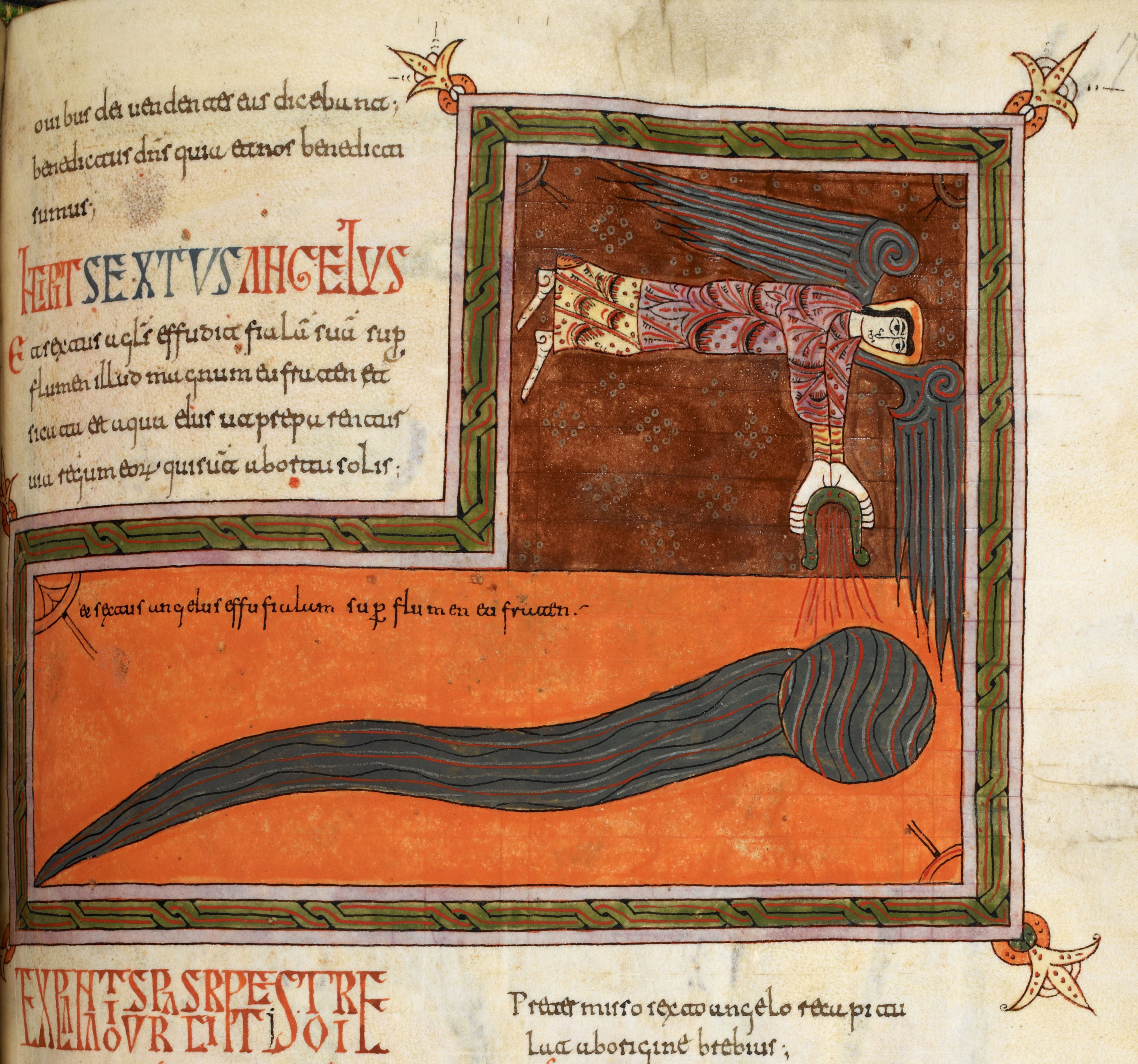 Beatus de Silos, folio 178r – La sixième coupe répandue sur le fleuve Euphrate, provoquant l’assèchement du fleuve et permettant le passage des rois de l’Orient (Ap 16, 12).