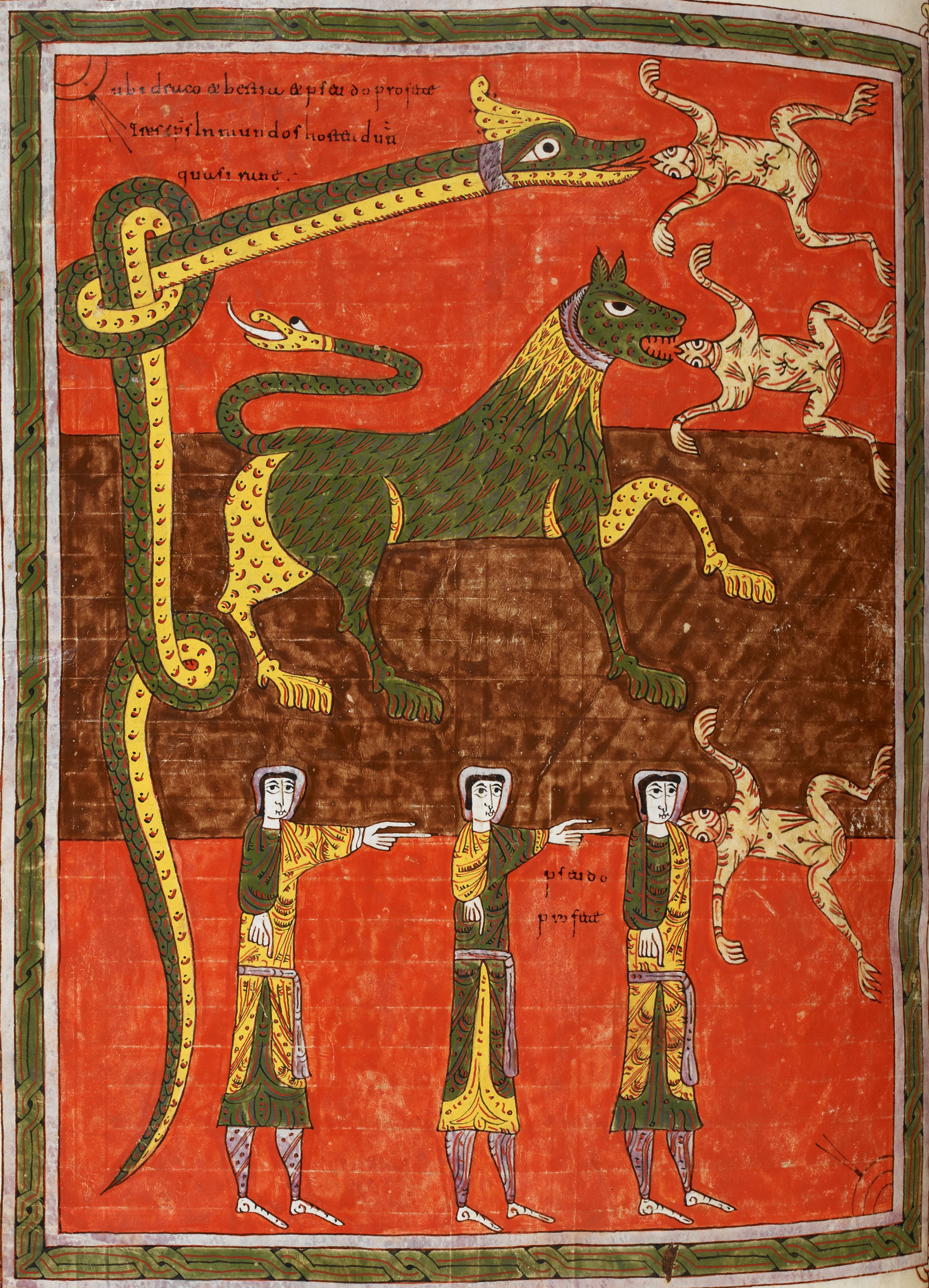 Beatus de Silos, folio 178v – Trois esprits impurs sortent de la gueule du Dragon, de la Bête et du faux prophète, leur mission est de rassembler les rois du monde entier pour une guerre contre Dieu (Ap 16, 13-14.16).