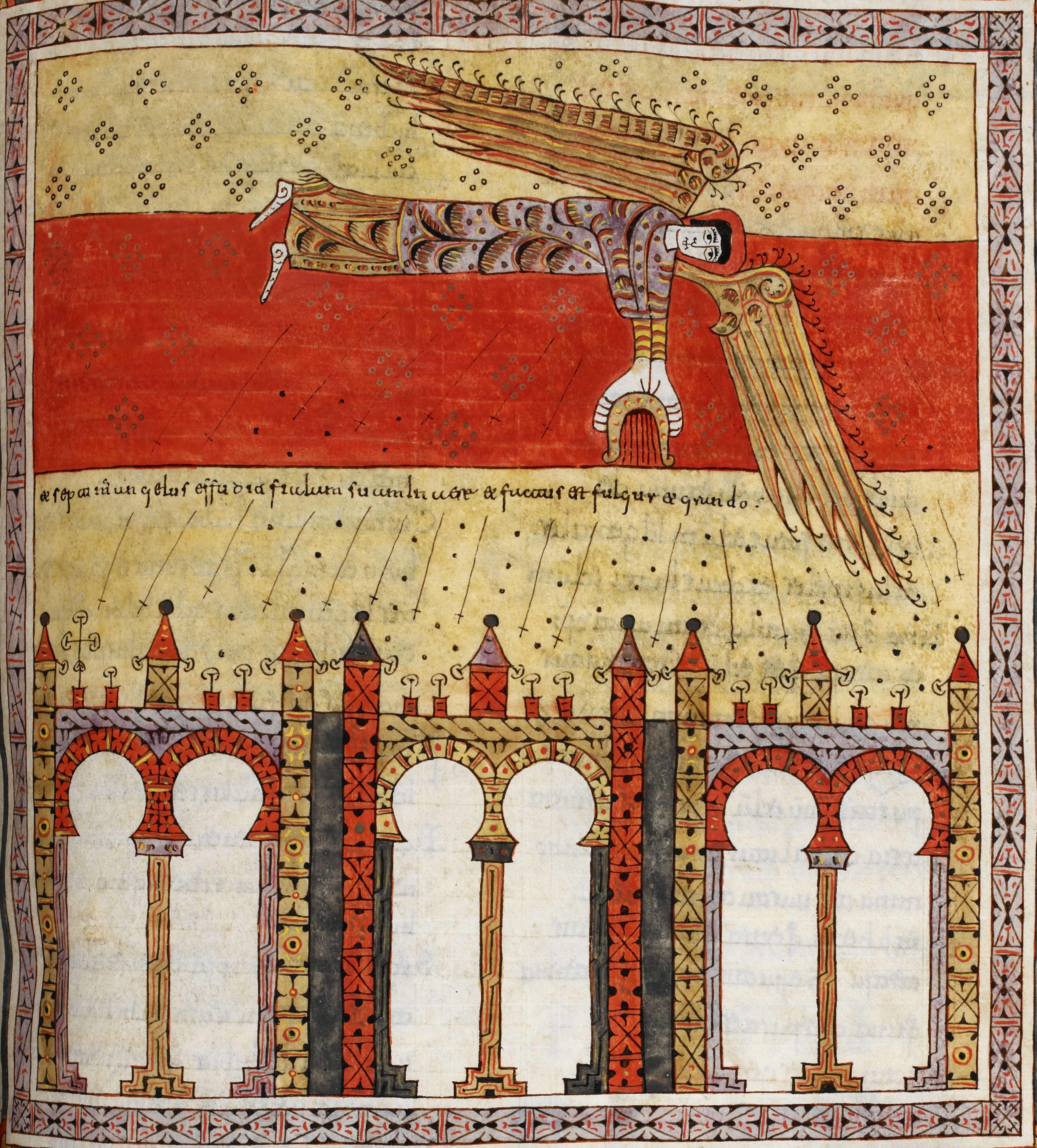 Beatus de Silos, folio 181r – La septième coupe répandue dans l’air, fléaux de tonnerres, de grêle et tremblement de terre ; la Grande Cité se scinde en trois parties (Ap 16, 17-21).