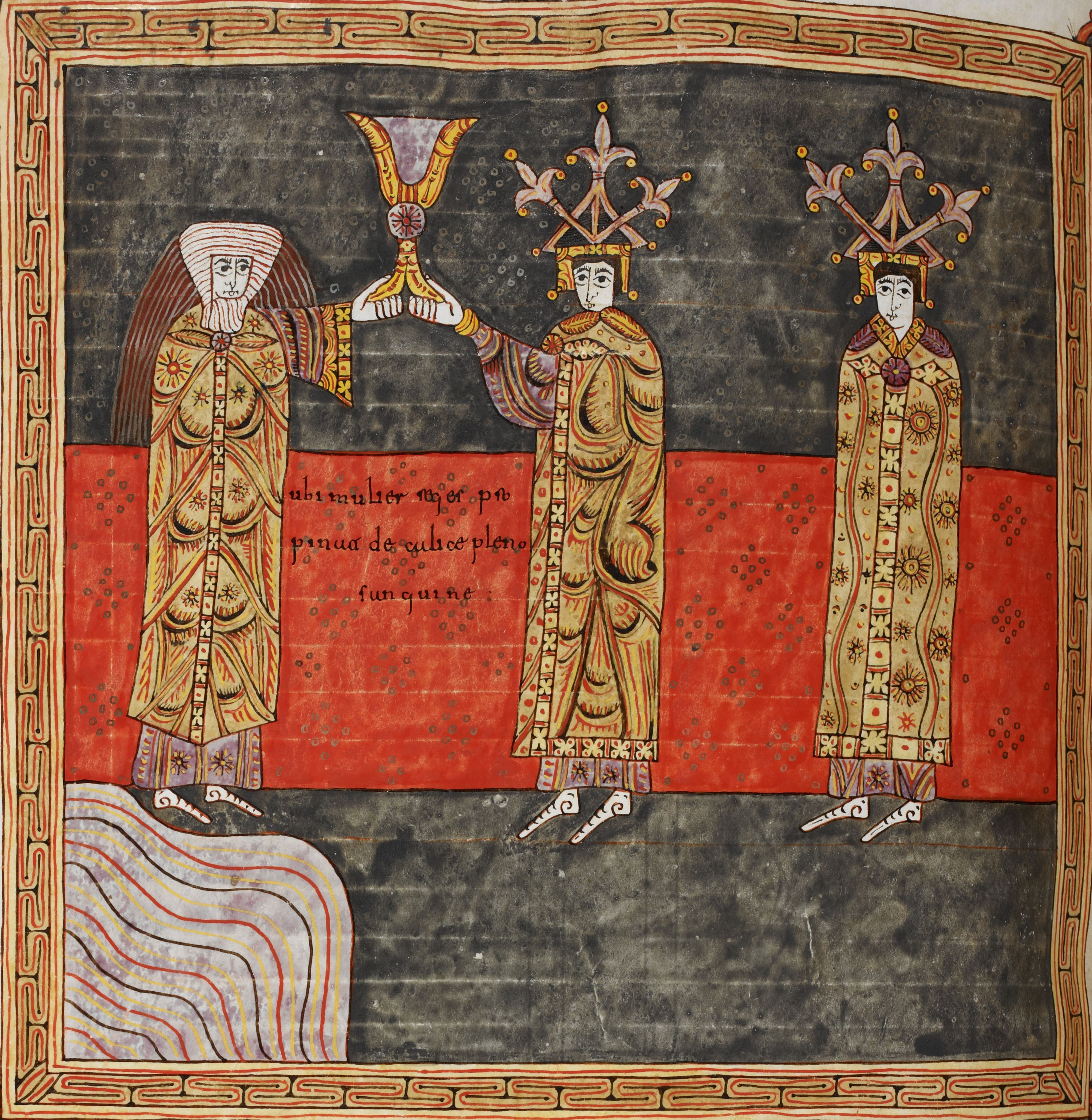 Beatus de Silos, folio 182v – La grande prostituée se saoule avec les rois de la terre (Ap 17, 1-2).