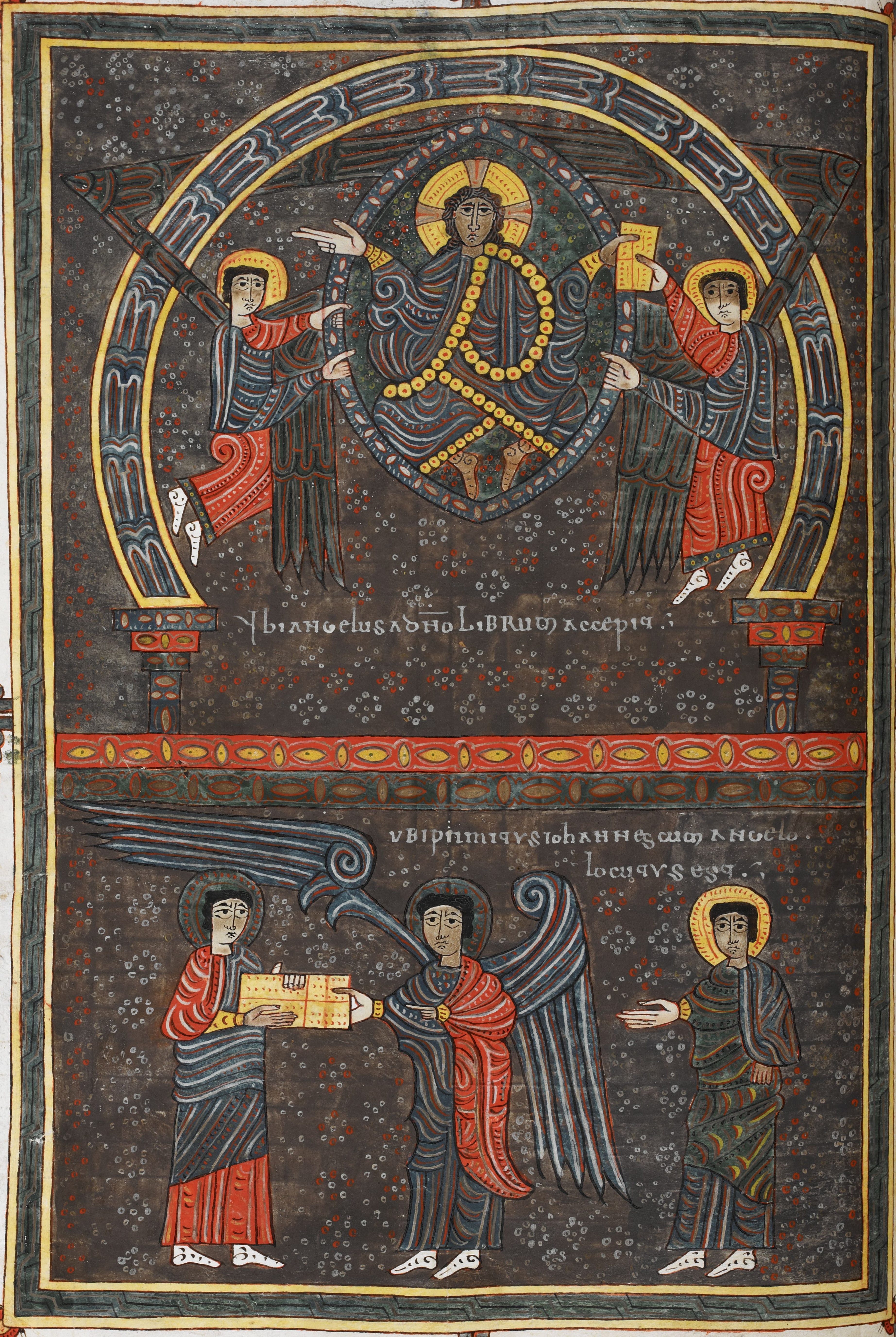 Beatus de Silos, folio 18v – Préliminaire, Dieu envoie son Ange pour faire connaître à Jean la révélation de Jésus-Christ (Ap 1, 1-10).