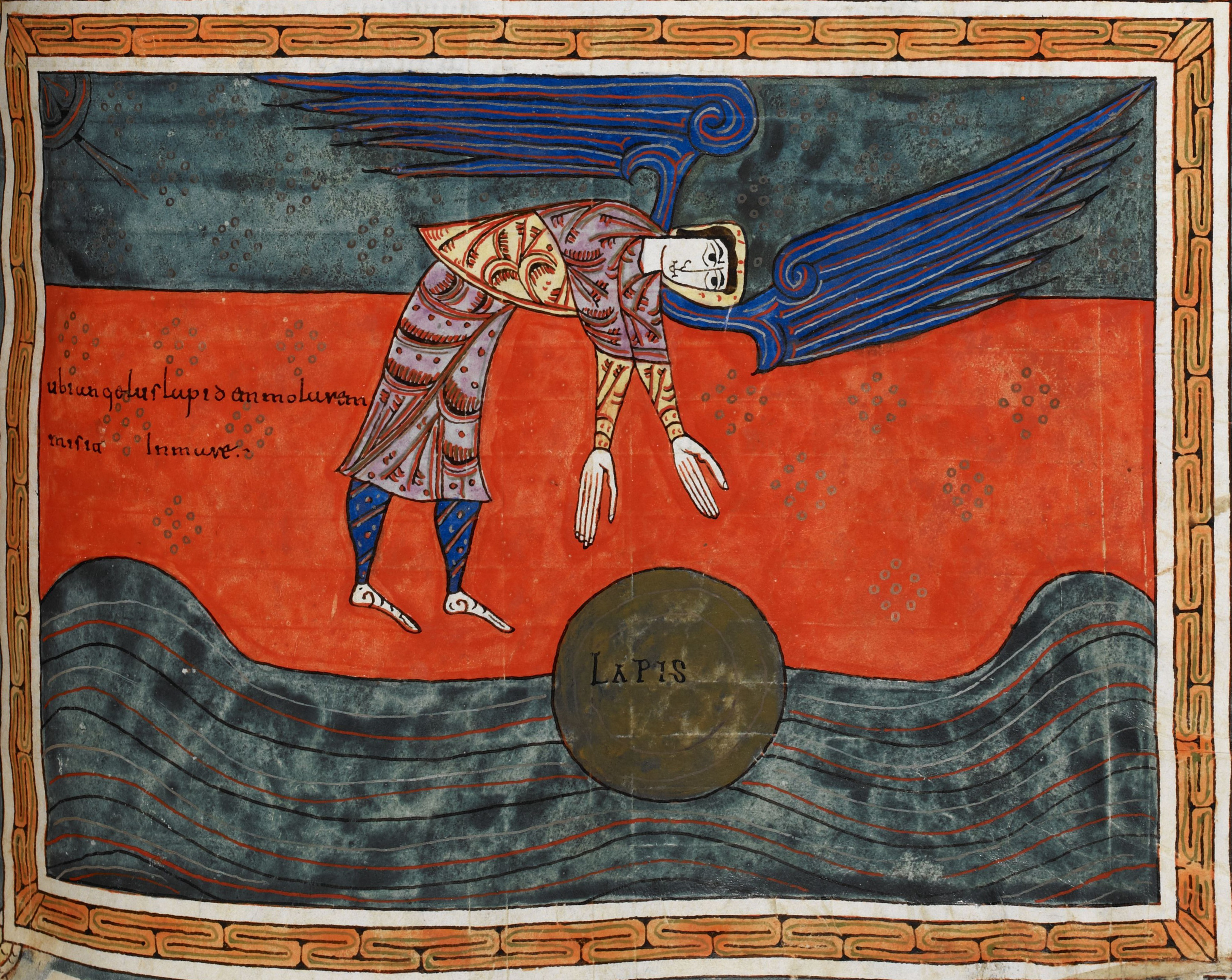 Beatus de Silos, folio 193r – Un ange jette une pierre dans la mer, symbolisant la chute irrémédiable de Babylone (Ap 18, 21).