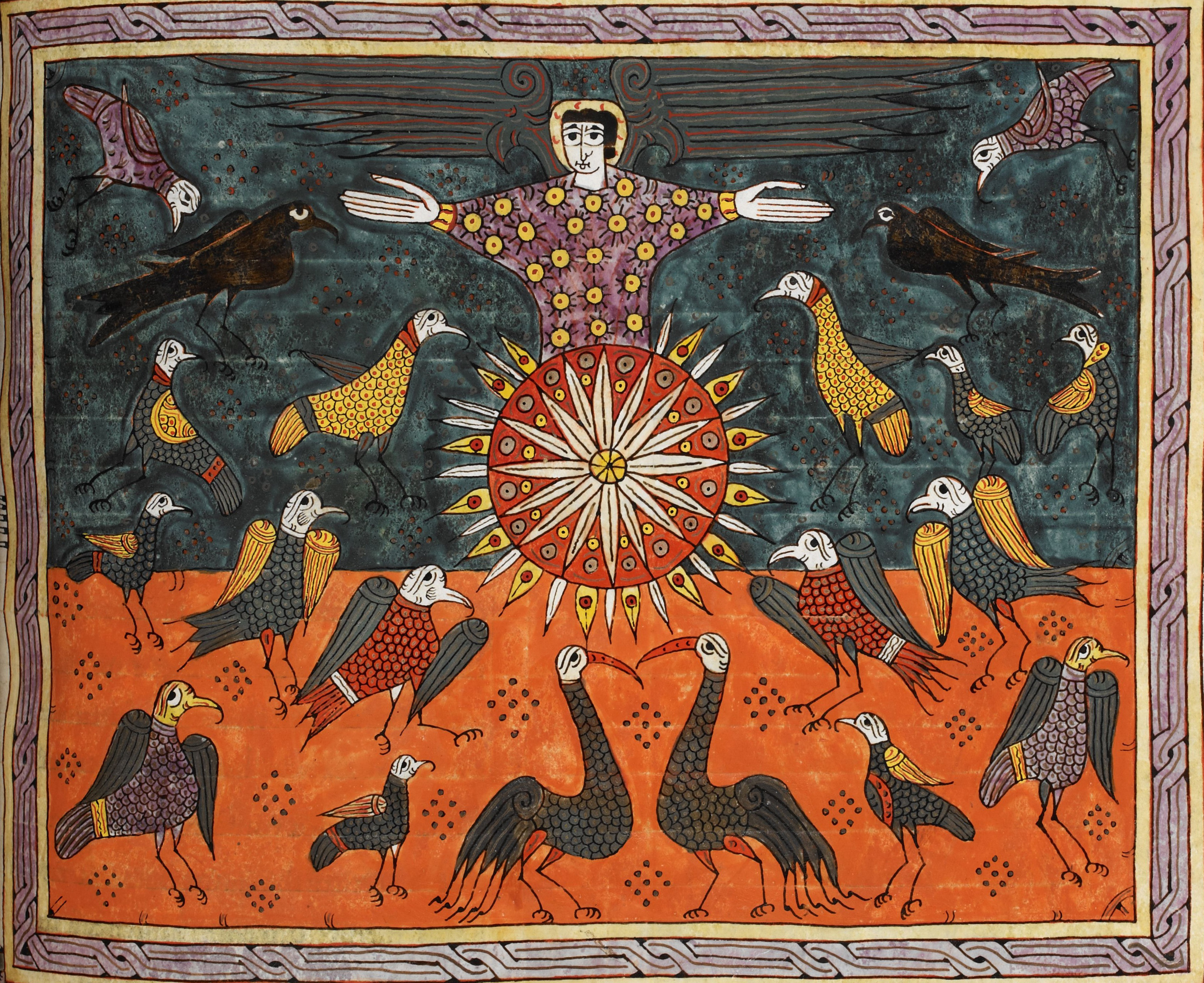 Beatus de Silos, folio 197r – Un ange, debout sur le soleil, invite les oiseaux à se repaître de la chair des rois de la terre (Ap 19, 17-18).