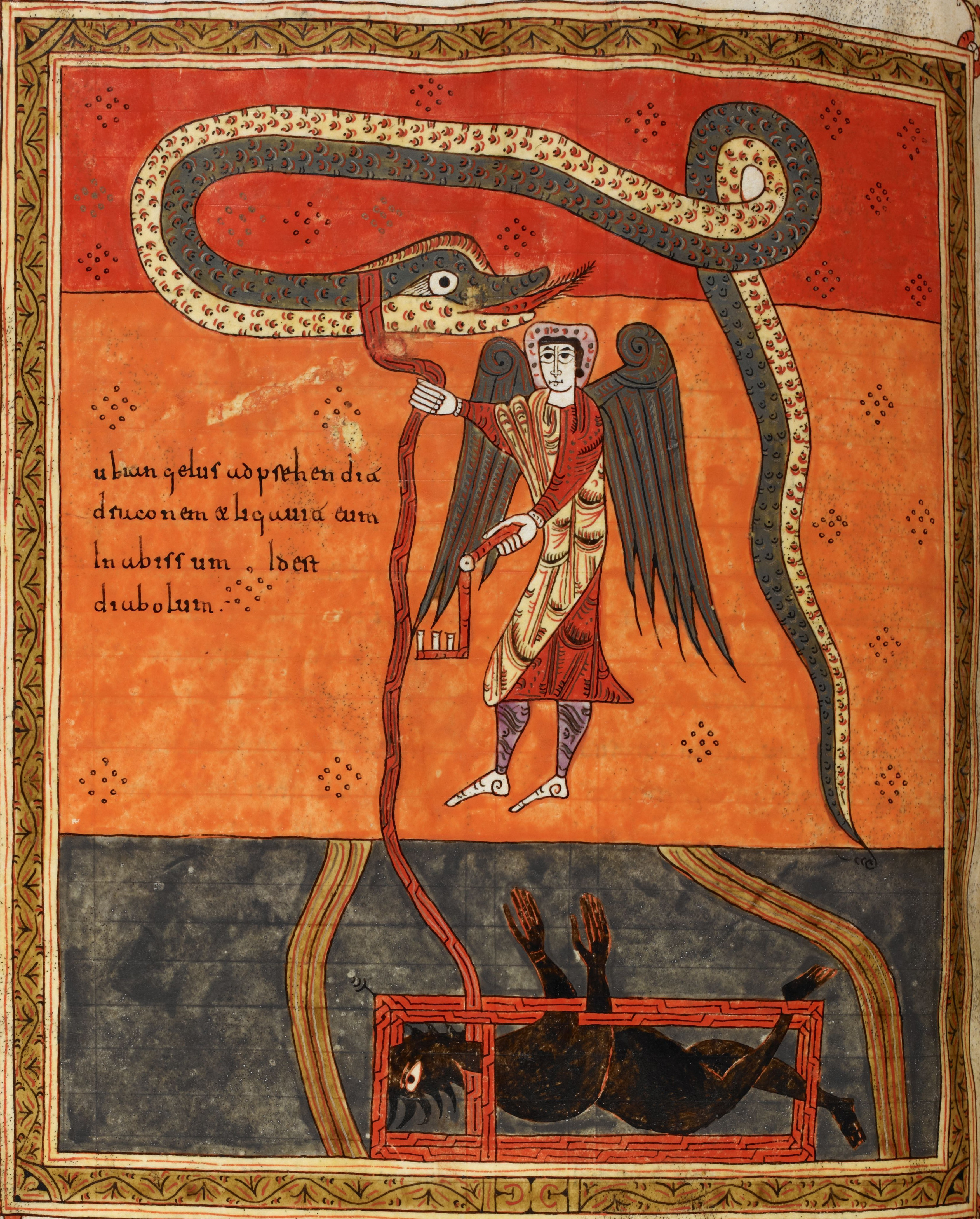 Beatus de Silos, folio 199v – Un ange, porteur de la clef de l’Abîme, enchaîne le Dragon et le jette dans l’Abîme pour mille ans (Ap 20, 1-3).