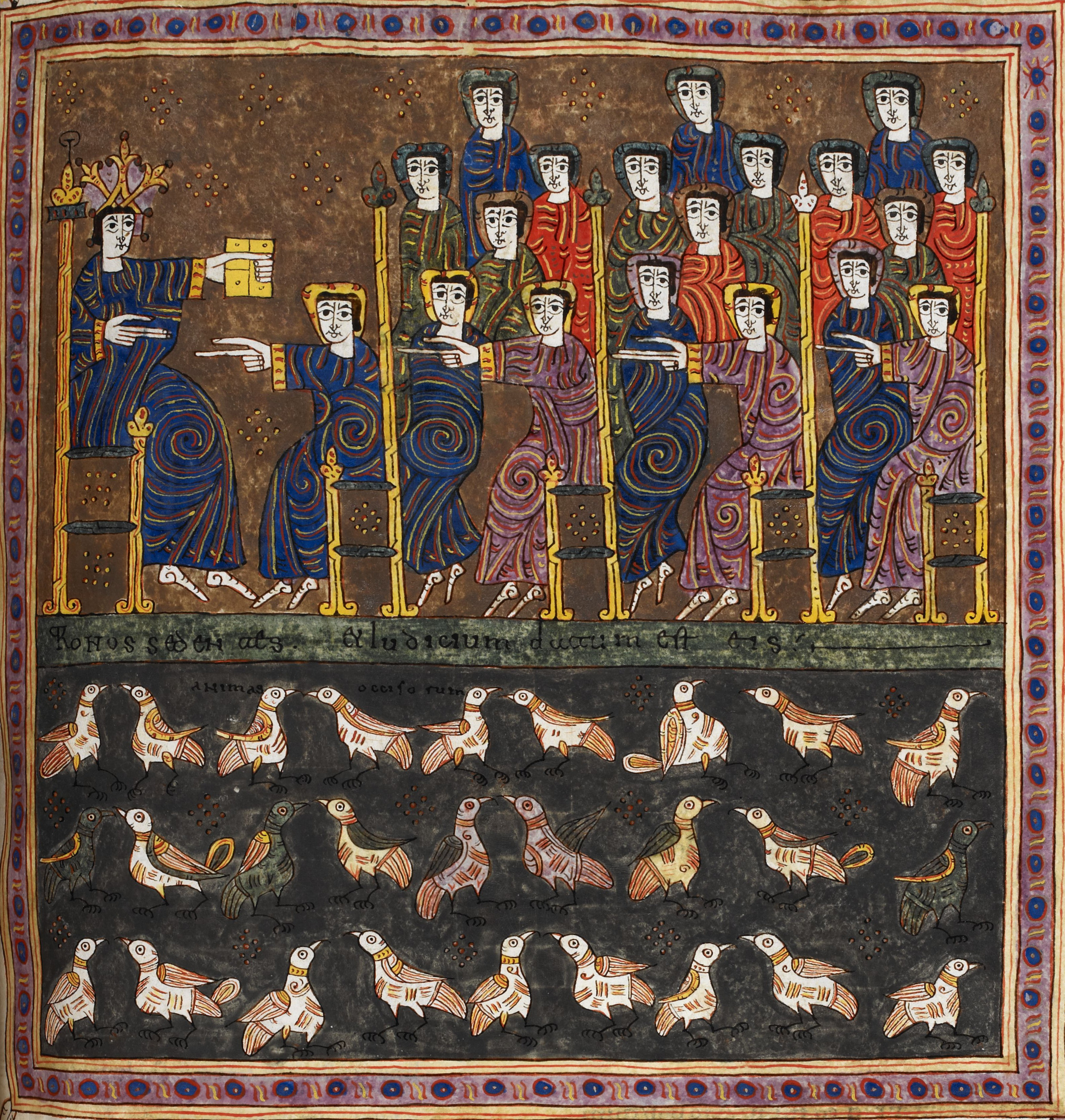 Beatus de Silos, folio 201r – Les âmes des martyrs et des confesseurs ressuscitent et règnent avec le Christ pour mille ans (Ap 20, 4-6).