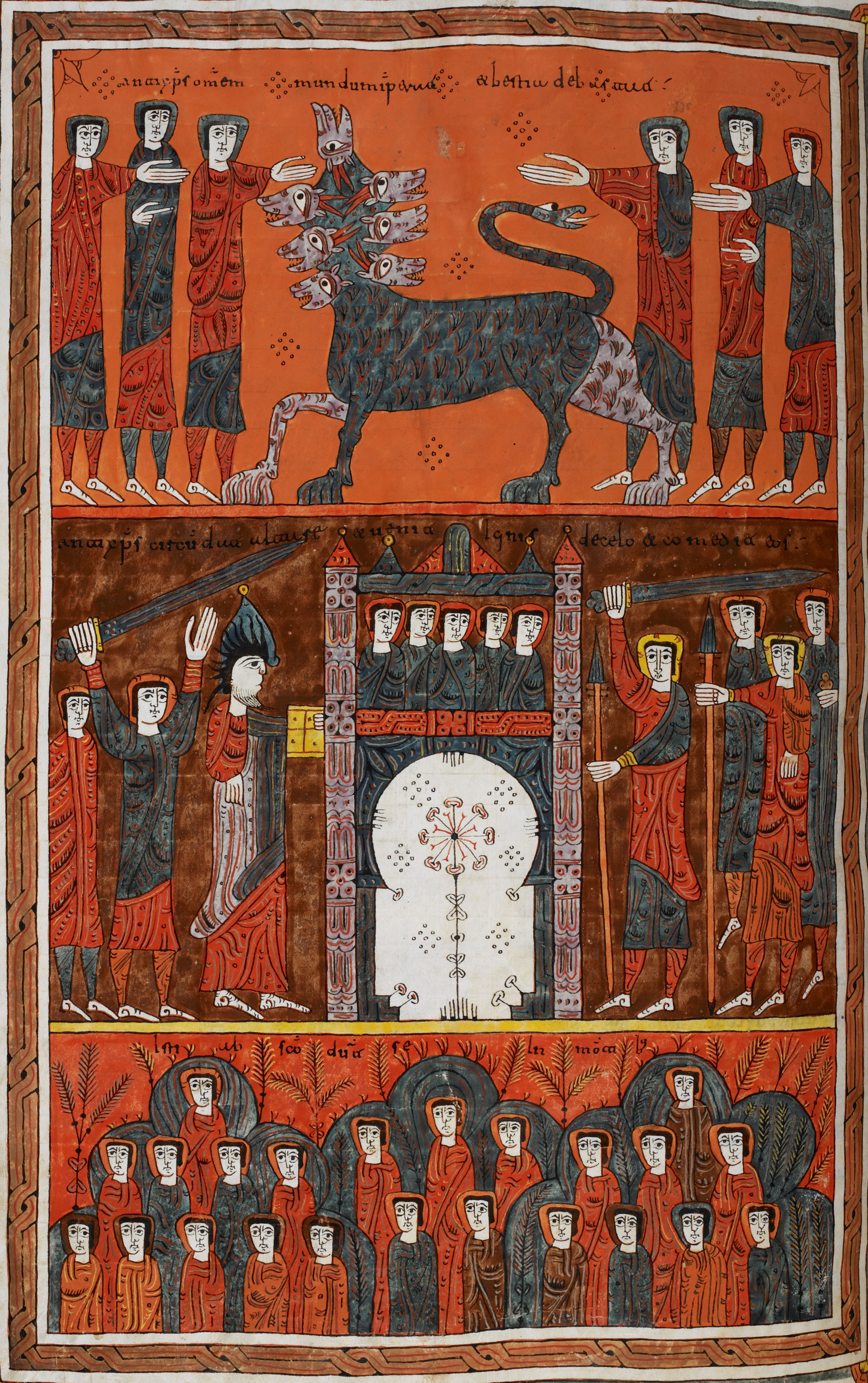 Beatus de Silos, folio 202v – Satan, relâché, s’en va séduire les nations et les rassemble pour la guerre, ses forces investissent la Cité Sainte, mais un feu les dévore (Ap 20, 7-9).