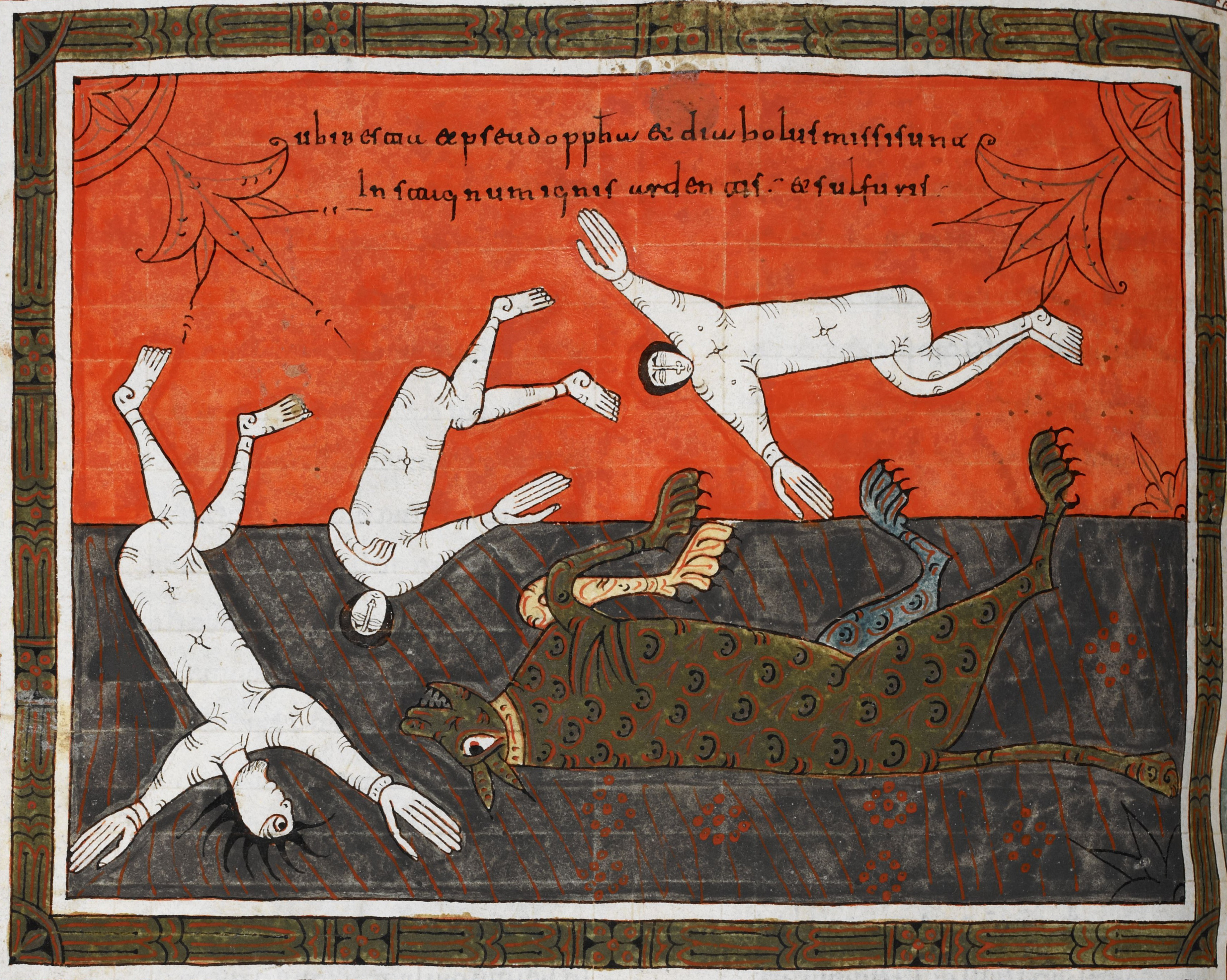 Beatus de Silos, folio 204v – Le diable jeté dans l’étang de feu et de soufre avec la Bête et le faux prophète (Ap 20, 10).