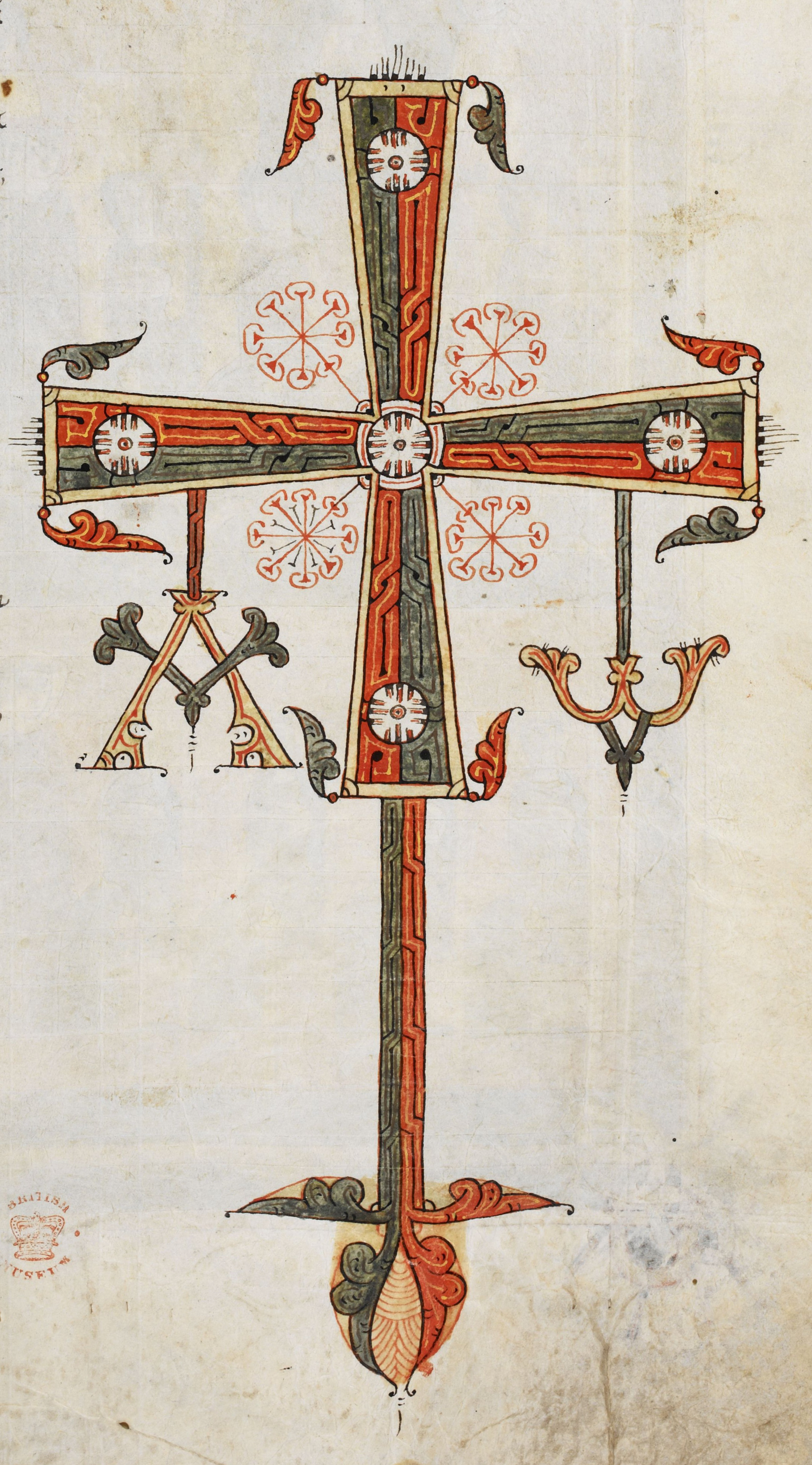 Beatus de Silos, folio 205r – Quatrième Croix d’Oviedo, avec l’Alpha et l’Oméga.