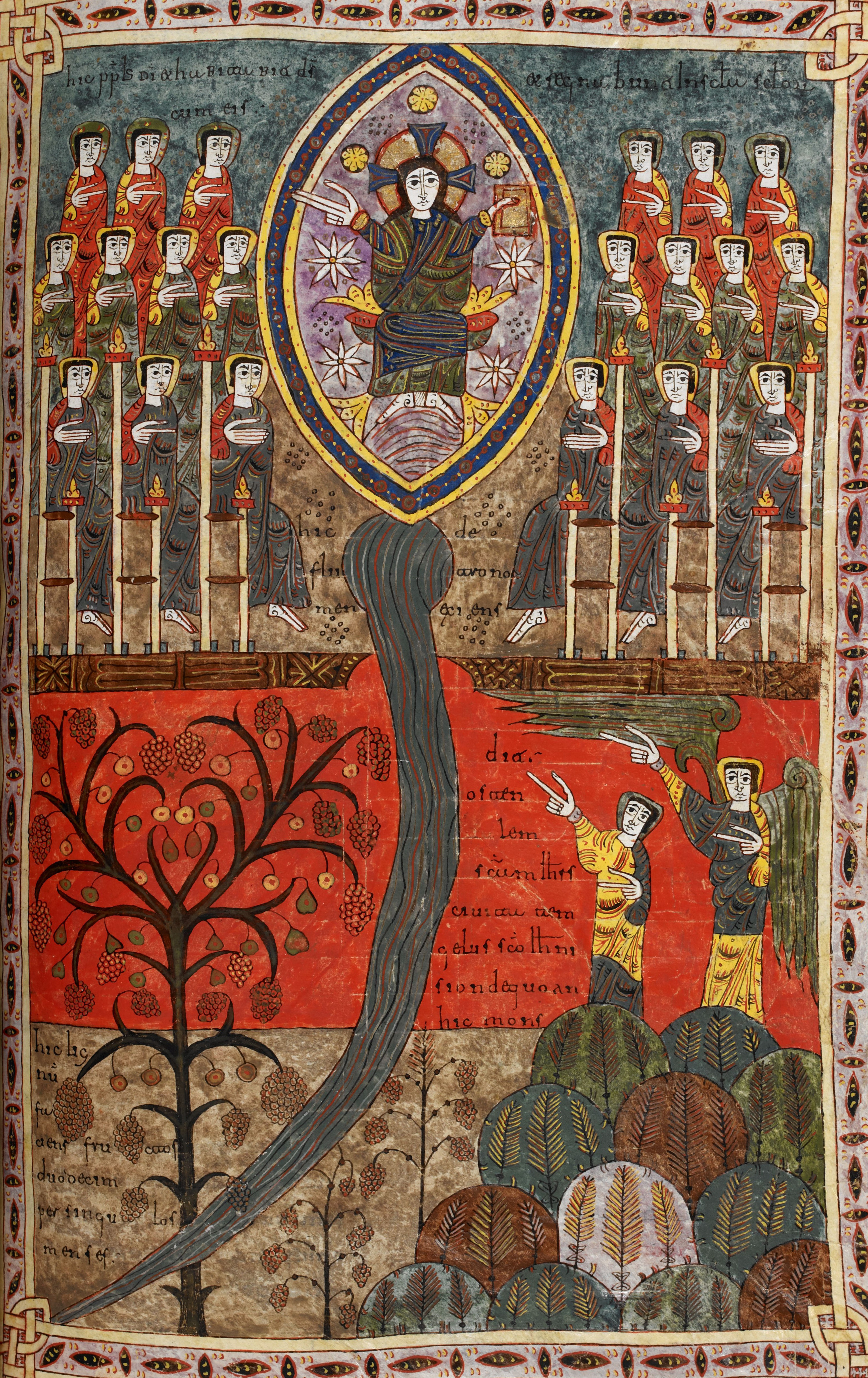 Beatus de Silos, folio 209r – Le fleuve de Vie jaillissant du trône de Dieu et de l’Agneau, le Règne éternel (Ap 22, 1-5).