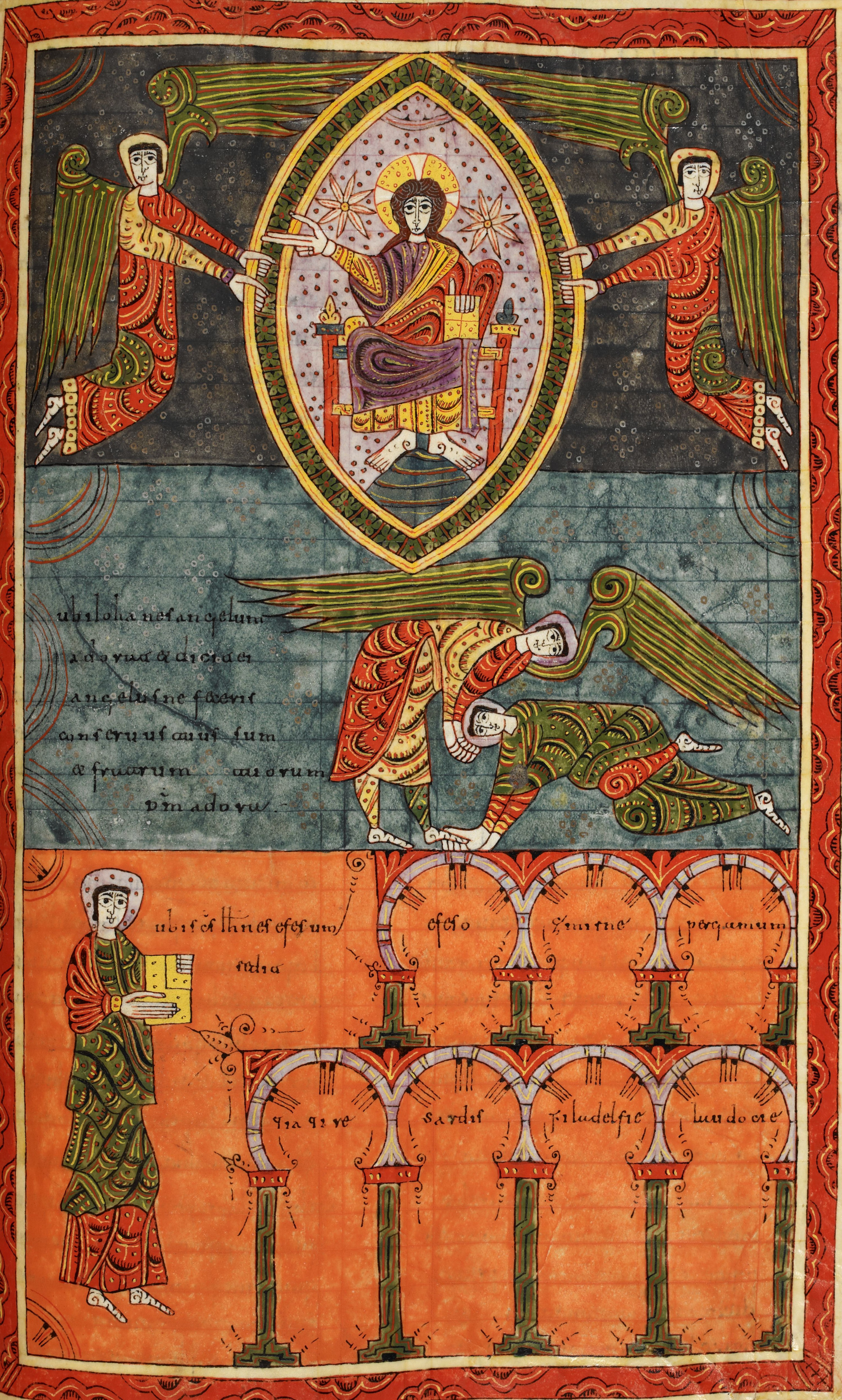 Beatus de Silos, folio 216r – Jean se prosterne à nouveau devant un ange qui l’invite à se relever et à adorer Dieu seul (Ap 22, 8-9) ; le reste de la miniature rappelle celle de la page 91.