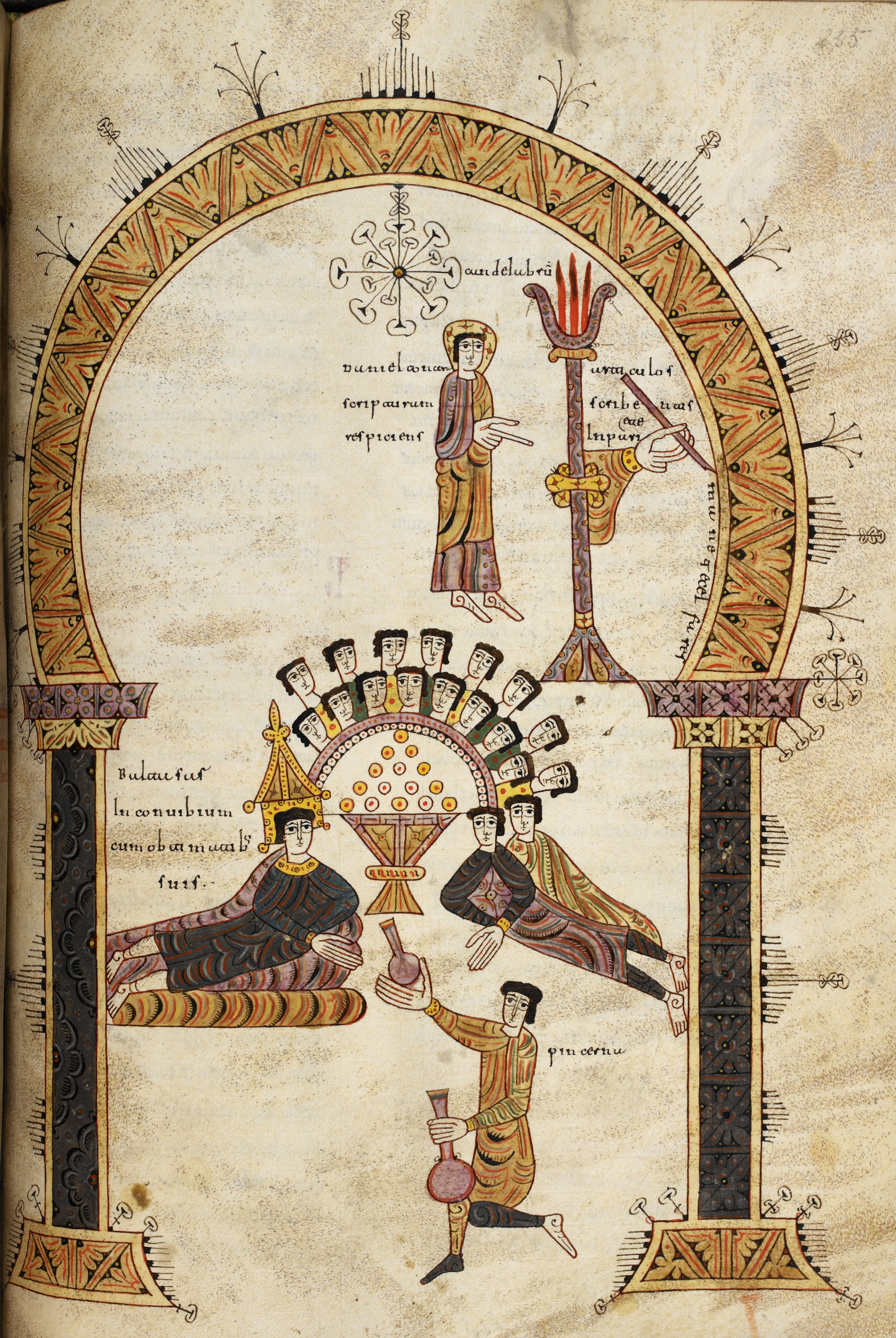 Beatus de Silos, folio 235r – Le festin de Balthazar, l’apparition de la main humaine (Dn 5).