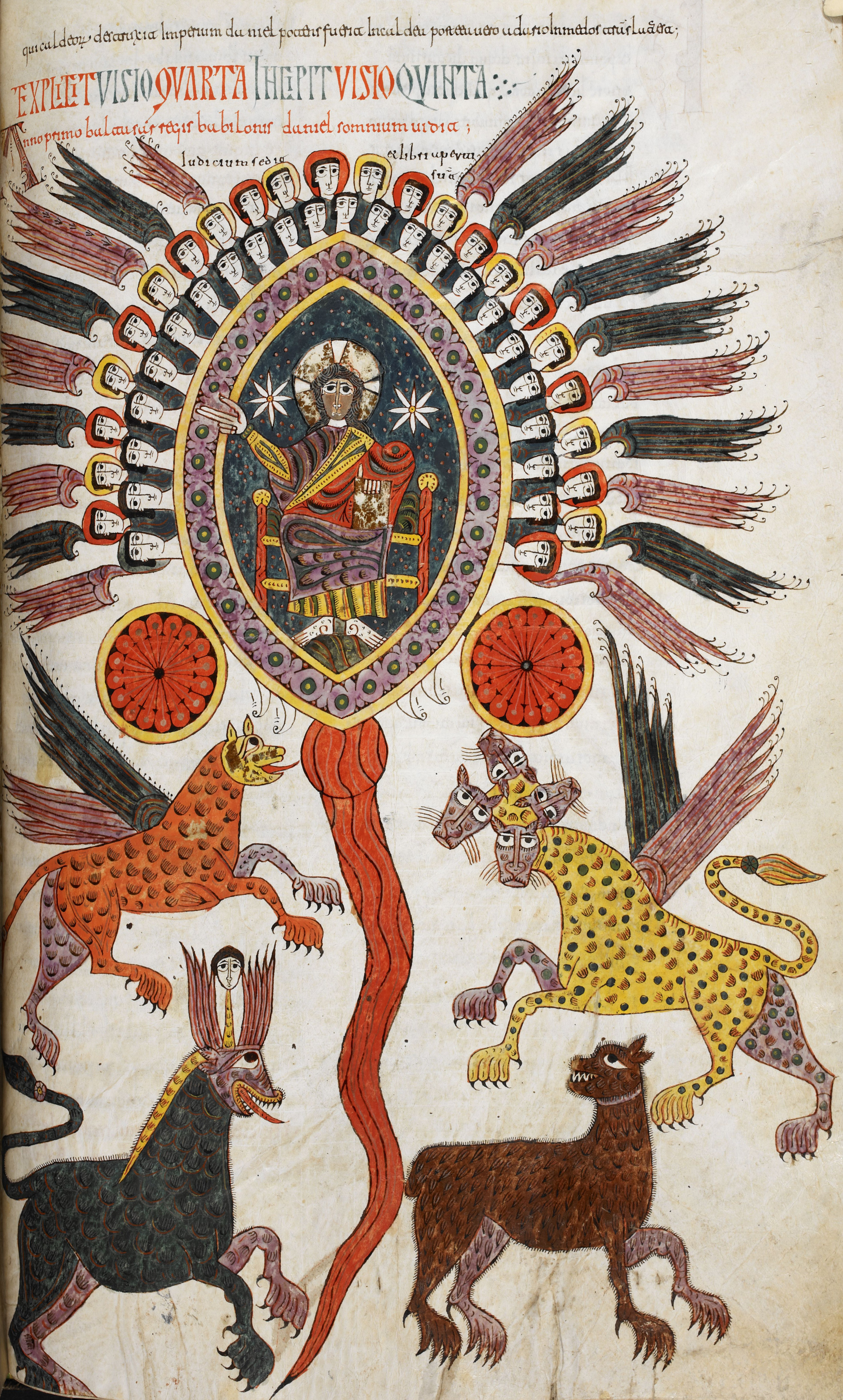 Beatus de Silos, folio 240r – Première vision de Daniel, les quatre bêtes et l’Ancien assis sur le trône ardent aux roues de feu, le fleuve de feu (Dn 7, 1-10).