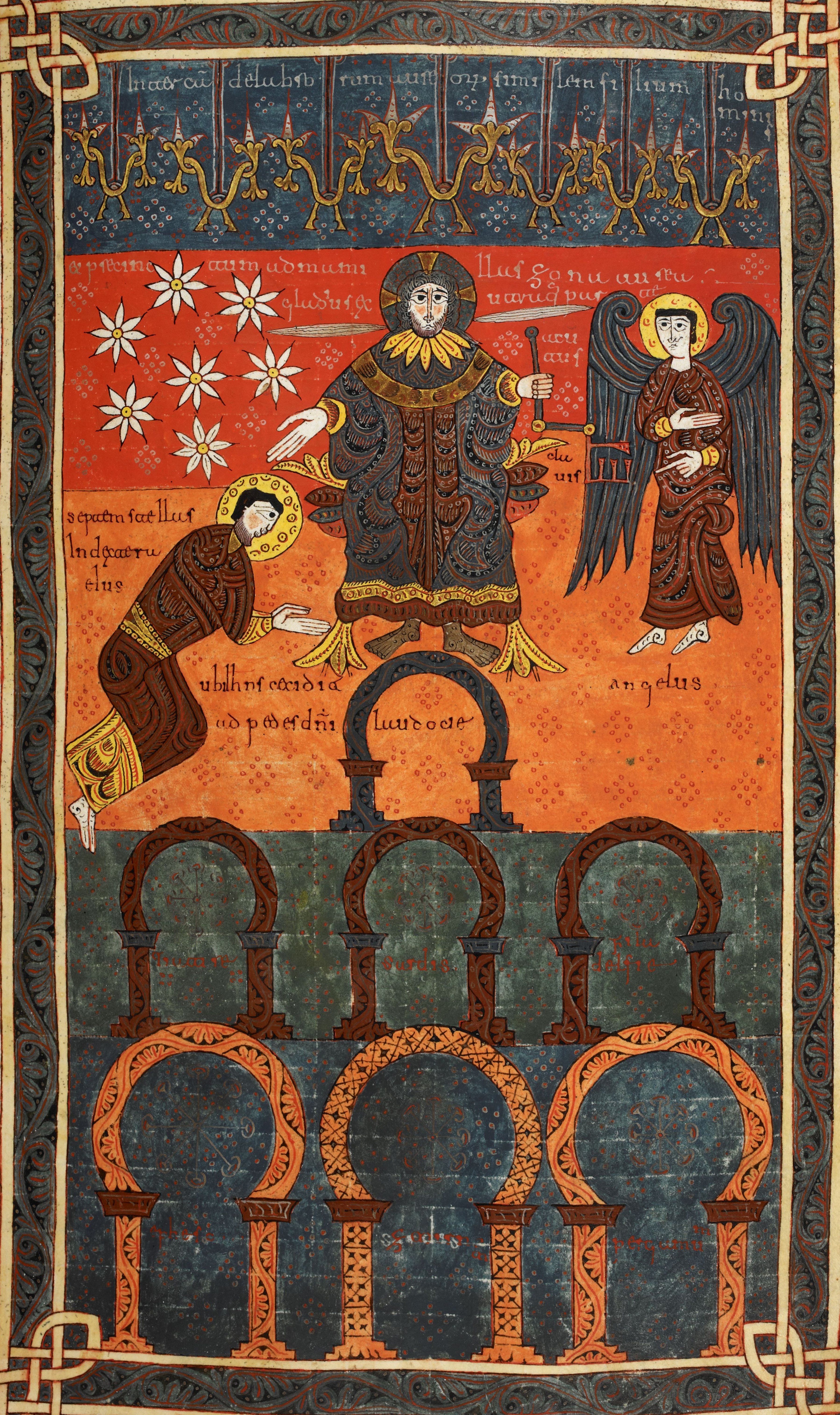 Beatus de Silos, folio 24r – Vision du Fils de l’homme et mission de Jean auprès des sept églises d’Asie (Jn 1, 10-20).