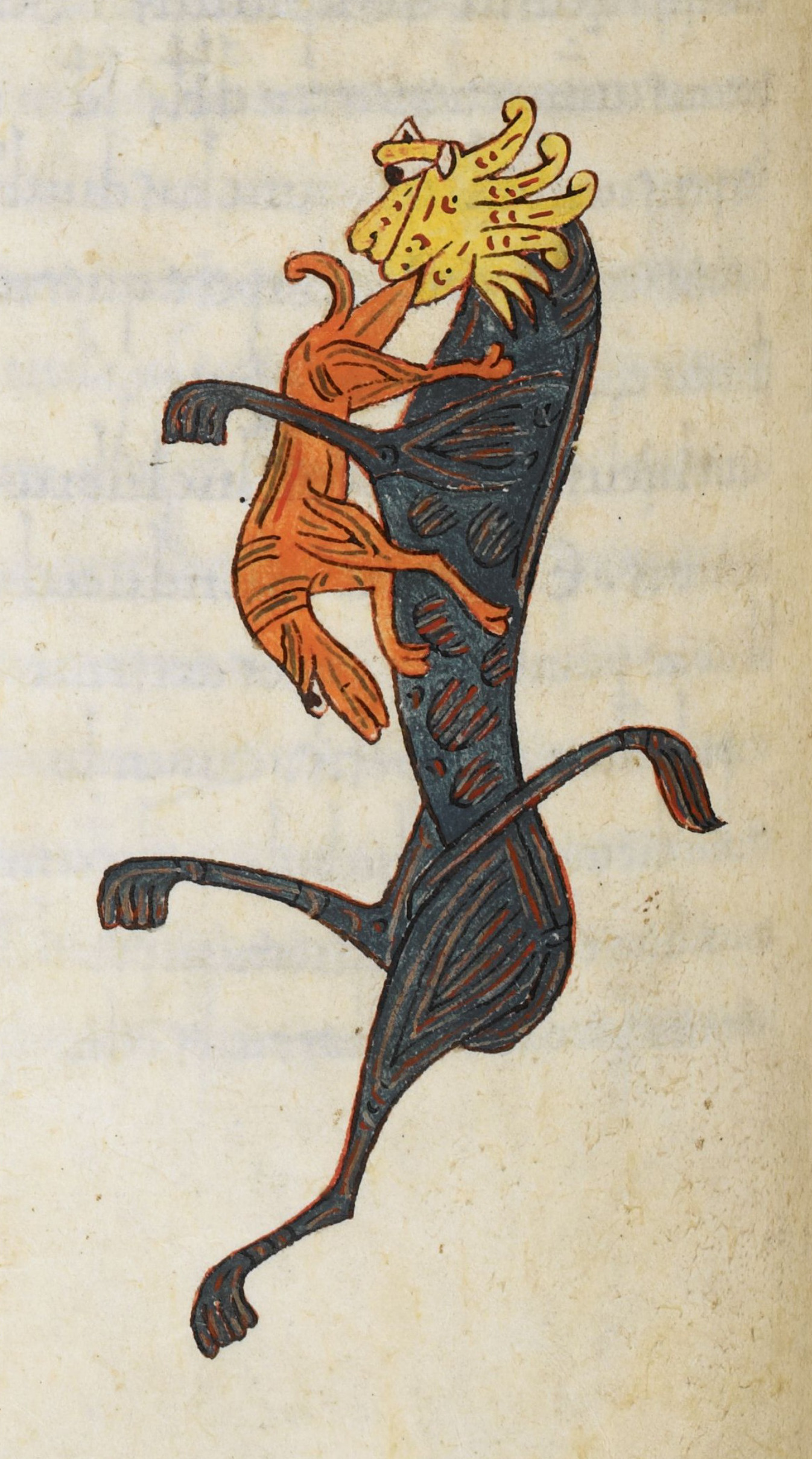 Beatus de Silos, folio 45v – Un lion dévore un petit animal.