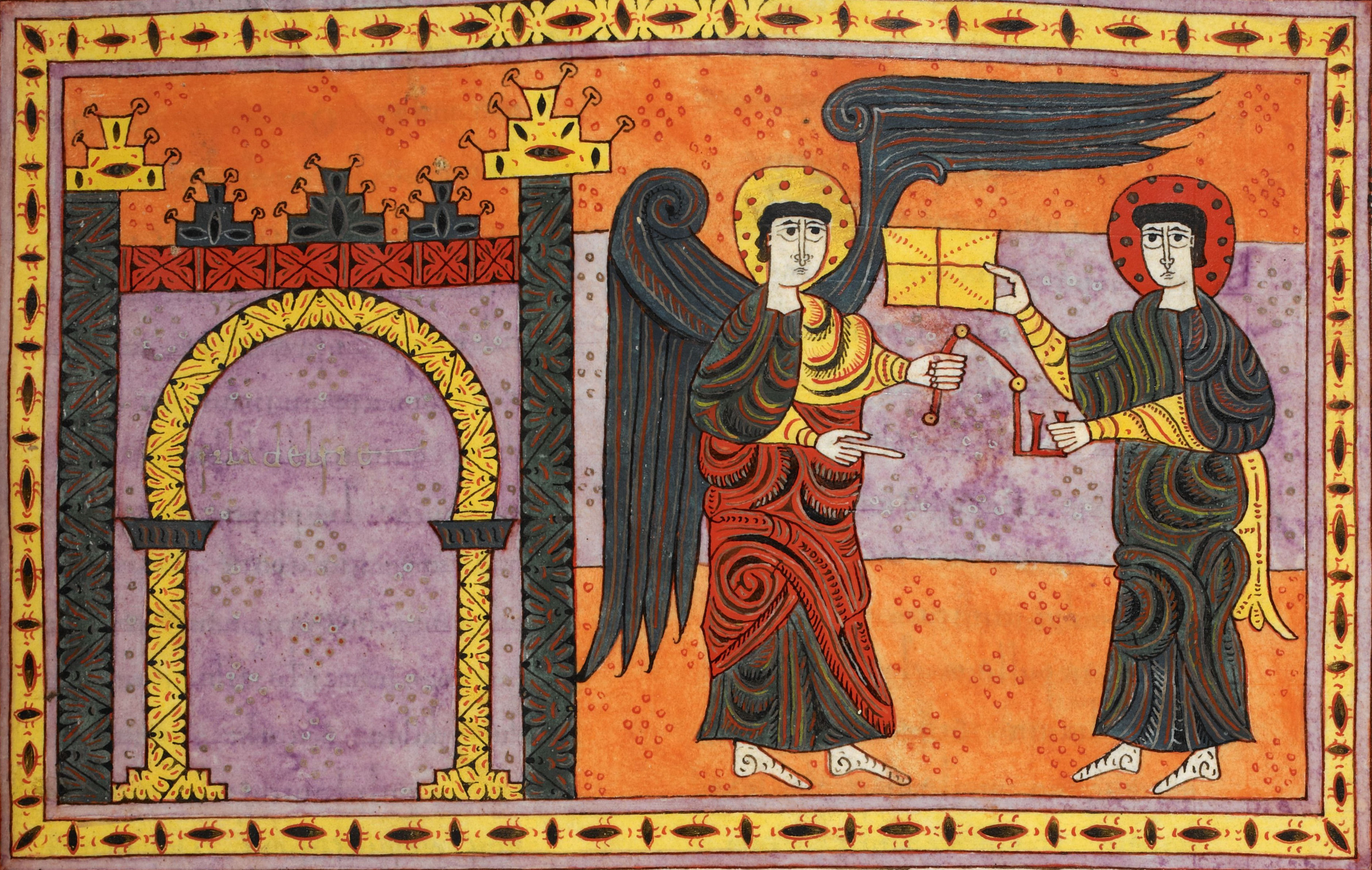 Beatus de Silos, folio 72r a – Lettre à l’ange de l’église de Philadelphie (Ap 3, 7-13). Le symbole de la clef de David (sur le même modèle que la clef de l’Abîme en Ap 9, 1), omniprésent dans ce manuscrit, fait référence à l’ouverture d’une porte (Ap 3, 7-8).