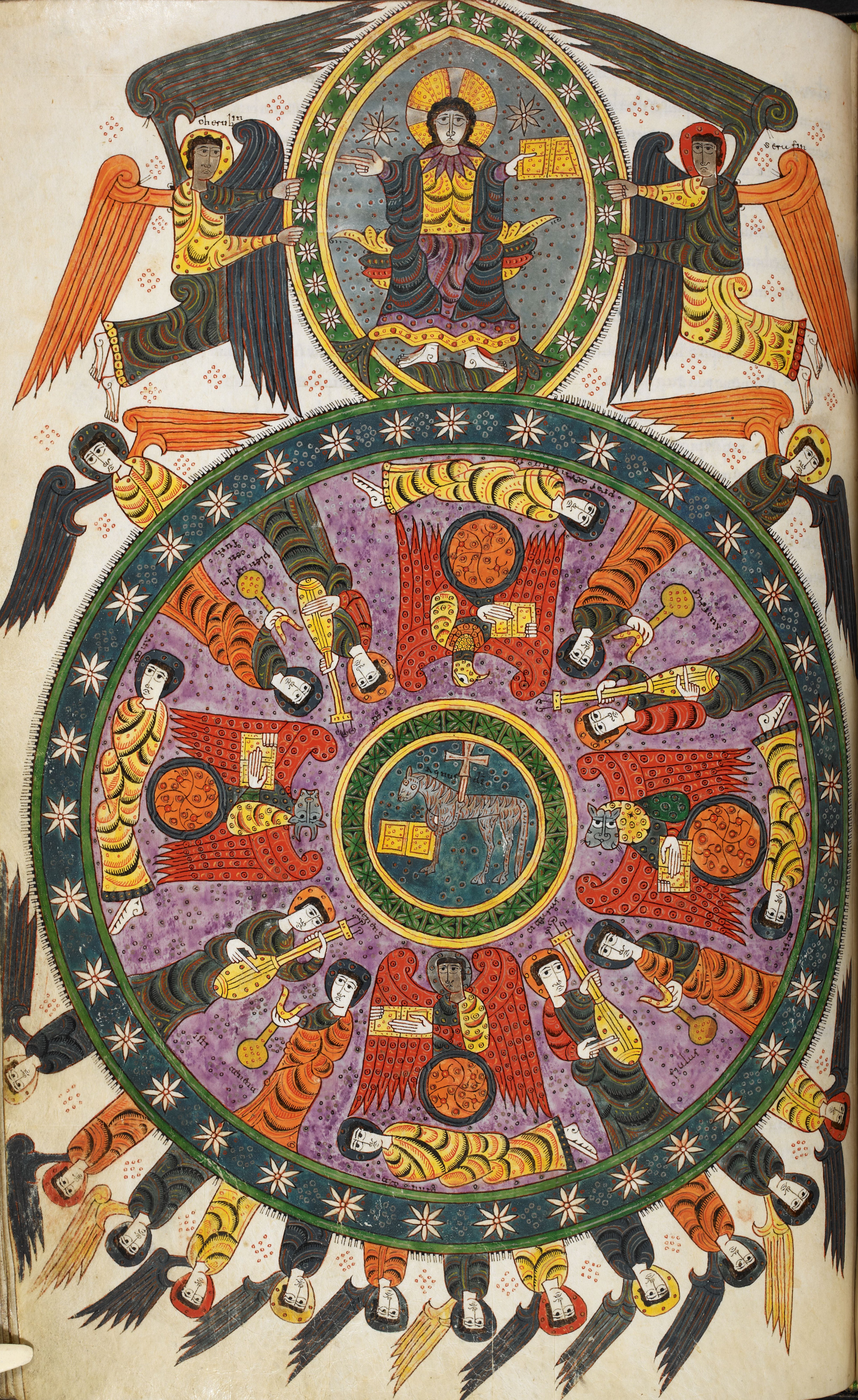 Beatus de Silos, folio 86v – L’Agneau au centre du cercle des adorateurs de Dieu, signifiant par là-même son statut d’être divin, il est le seul à pouvoir ouvrir le livre aux sept sceaux (Ap 5).