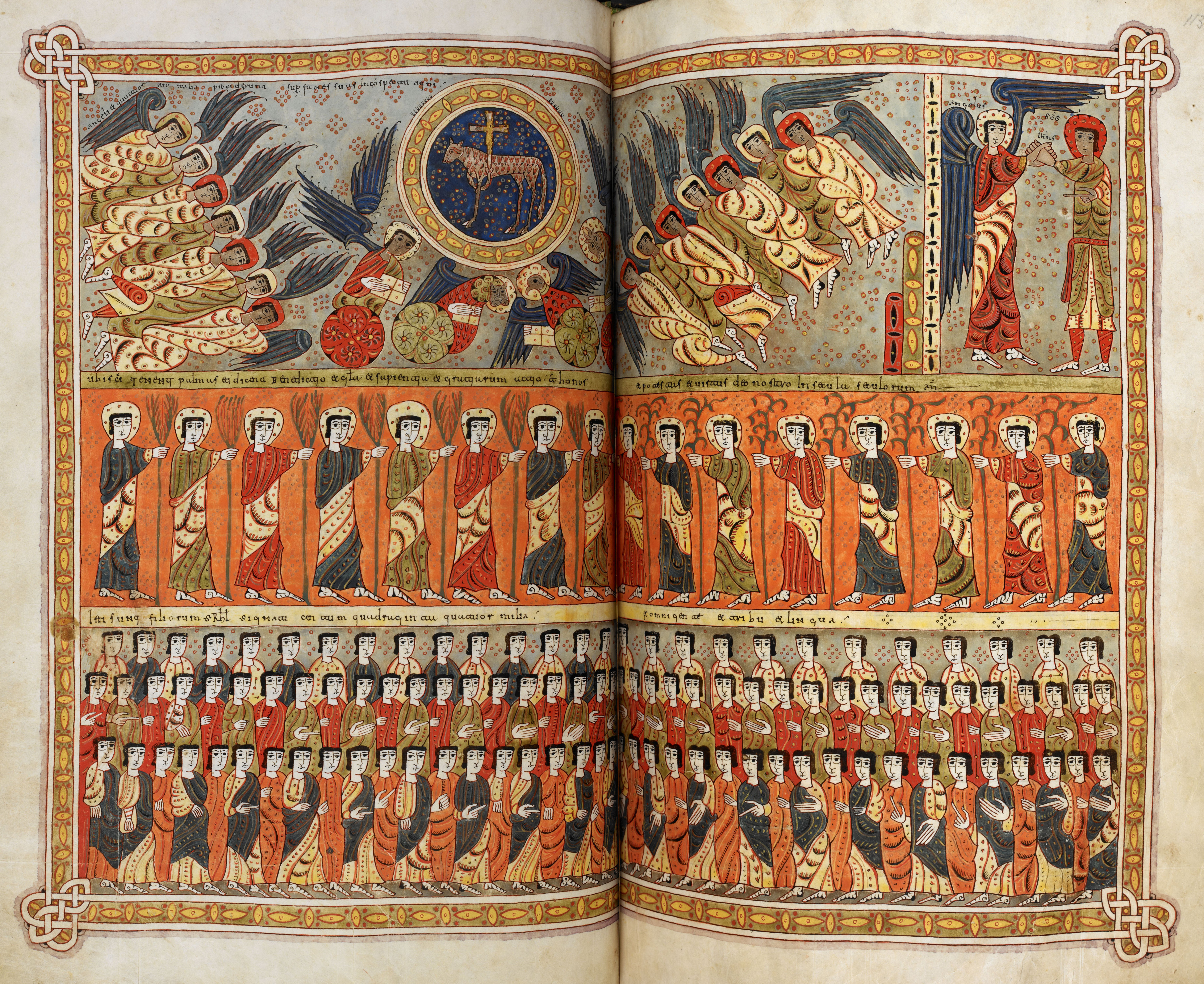 Beatus de Silos, folios 112v-113r – La foule immense munie de palme à la main, les anges et les quatre Vivants, louent l’Agneau (Ap 7, 9-12).