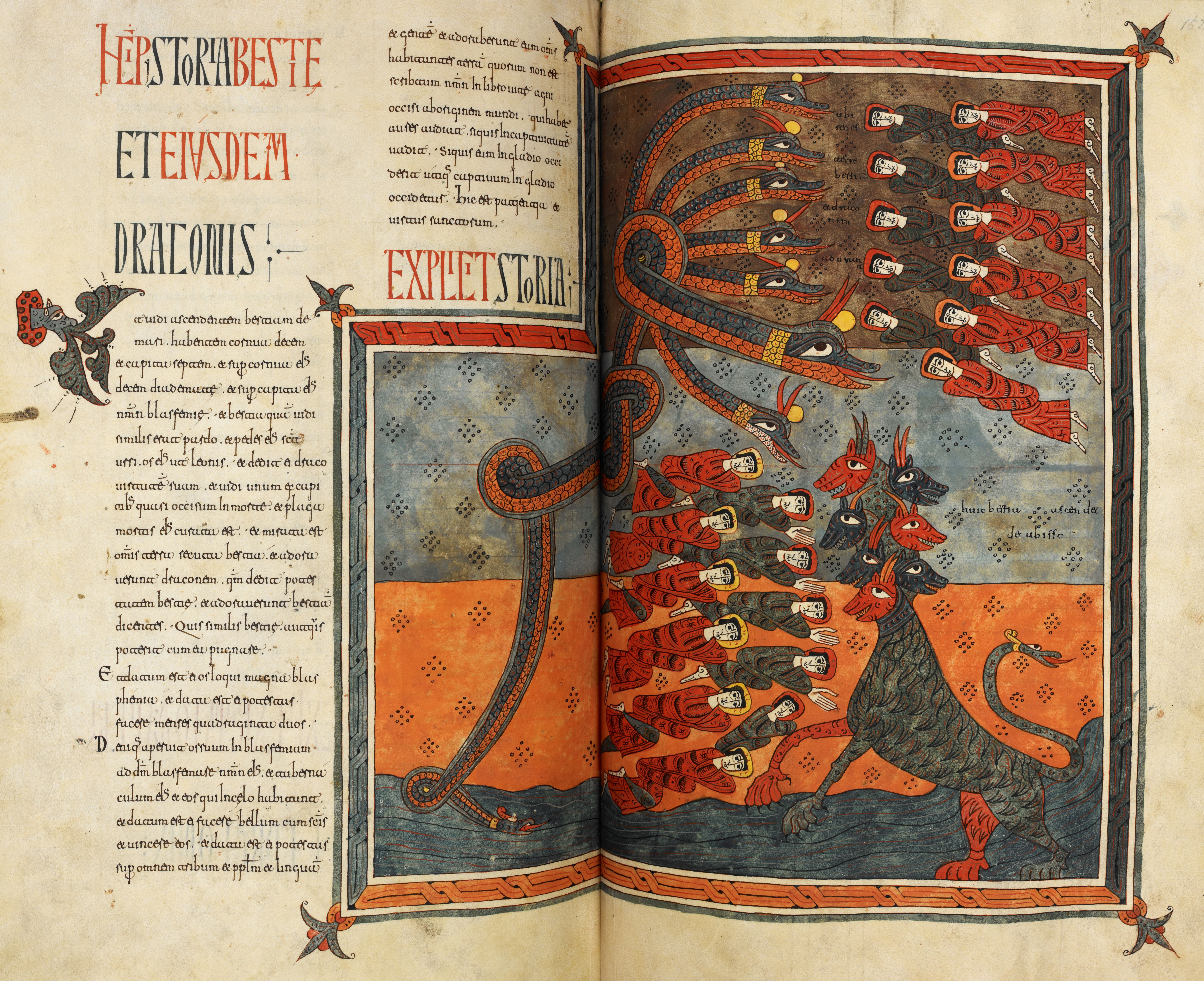 Beatus de Silos, folios 151v-152r – Le Dragon transmet son pouvoir à la Bête de la mer, les deux monstres sont adorés par les habitants de la terre dont les noms ne sont pas inscrits dans le livre de Vie (Ap 13, 1-10).