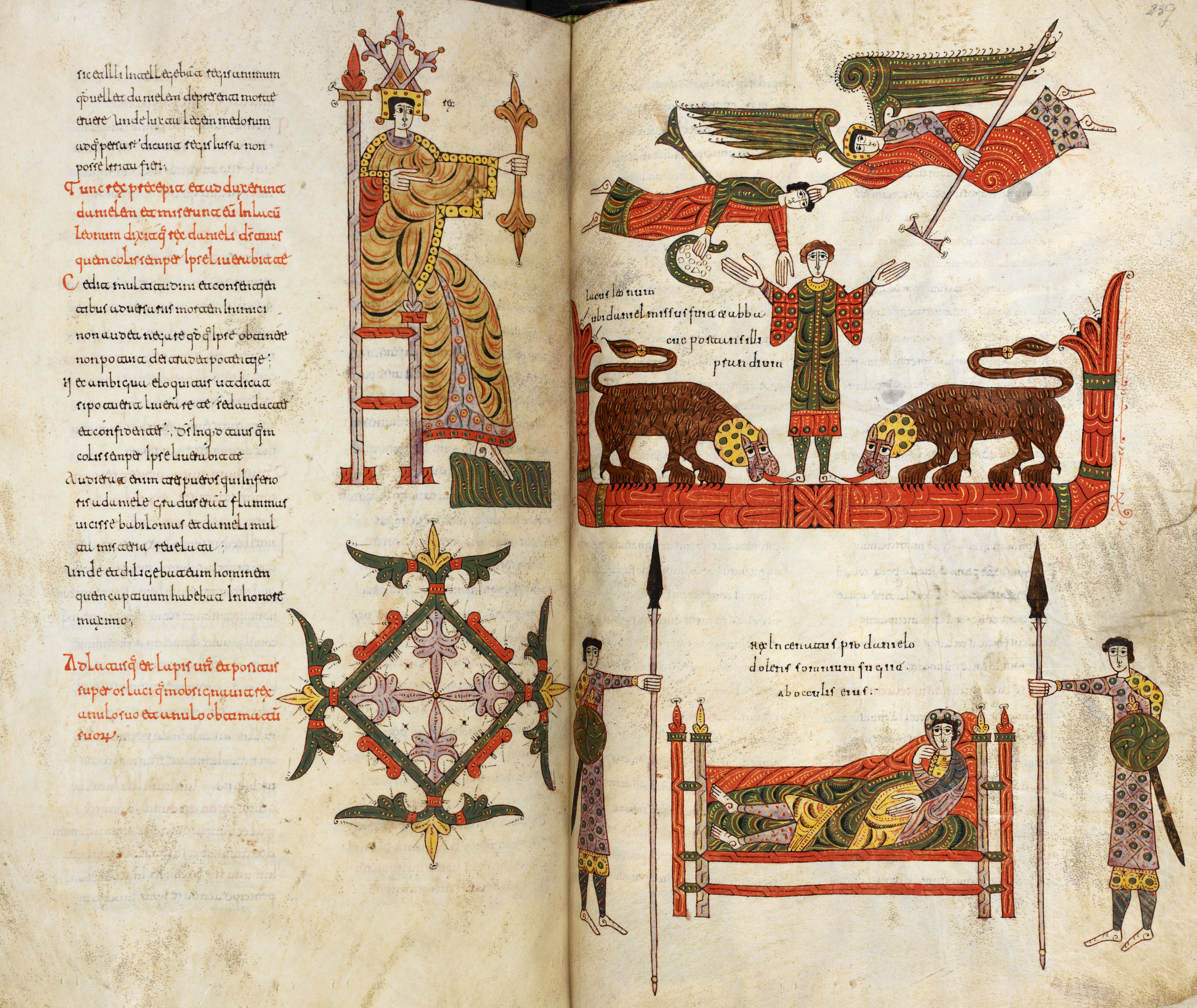 Beatus de Silos, folios 238v-239r – Daniel dans la fosse aux lions, l’insomnie du roi Darius (Dn 6, 17-24).