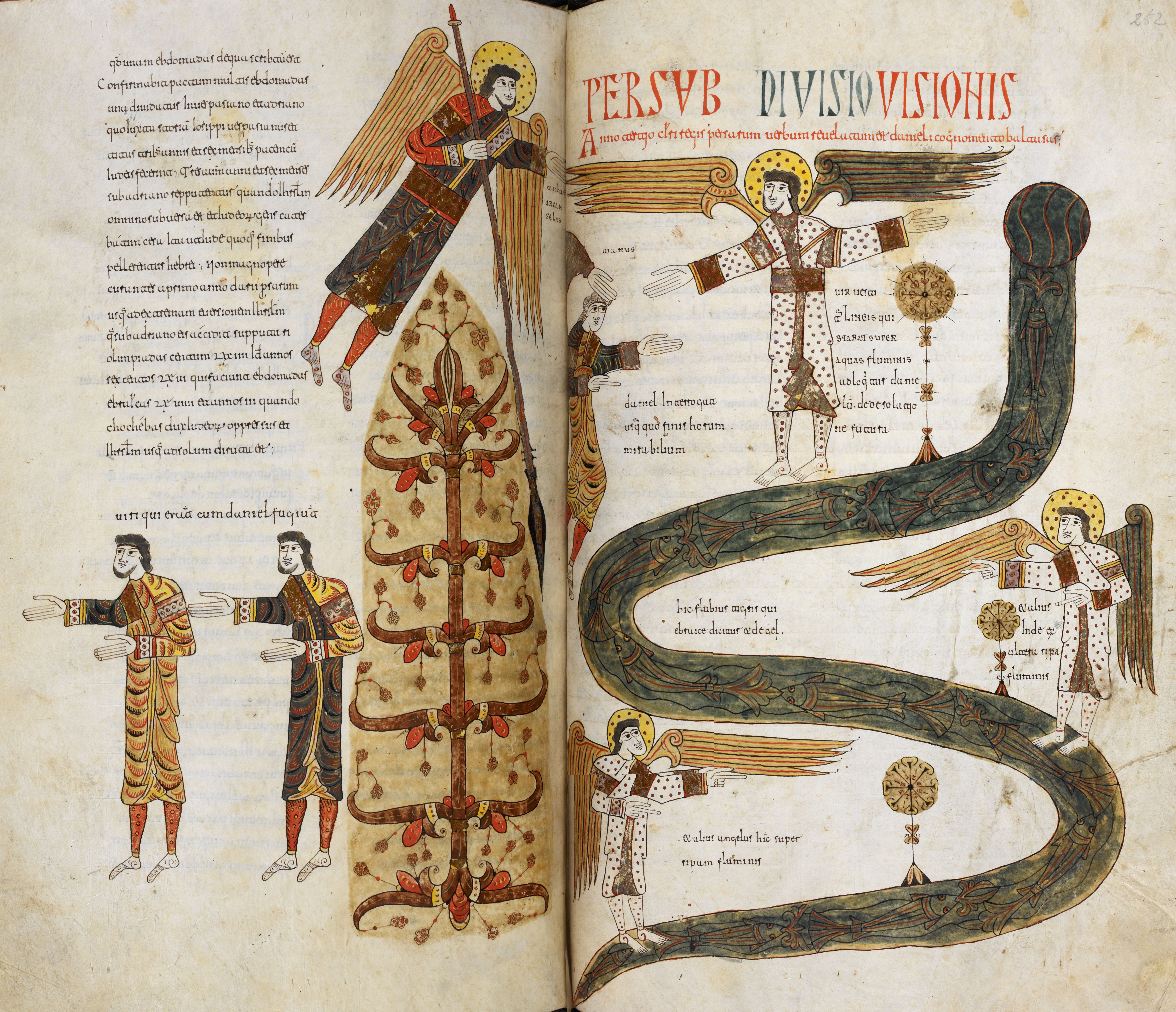 Beatus de Silos, folios 251v-252r – Troisième vision de Daniel sur les bords du Tigre, l’homme vêtu de lin (Dn 10, 1-12, 13)..