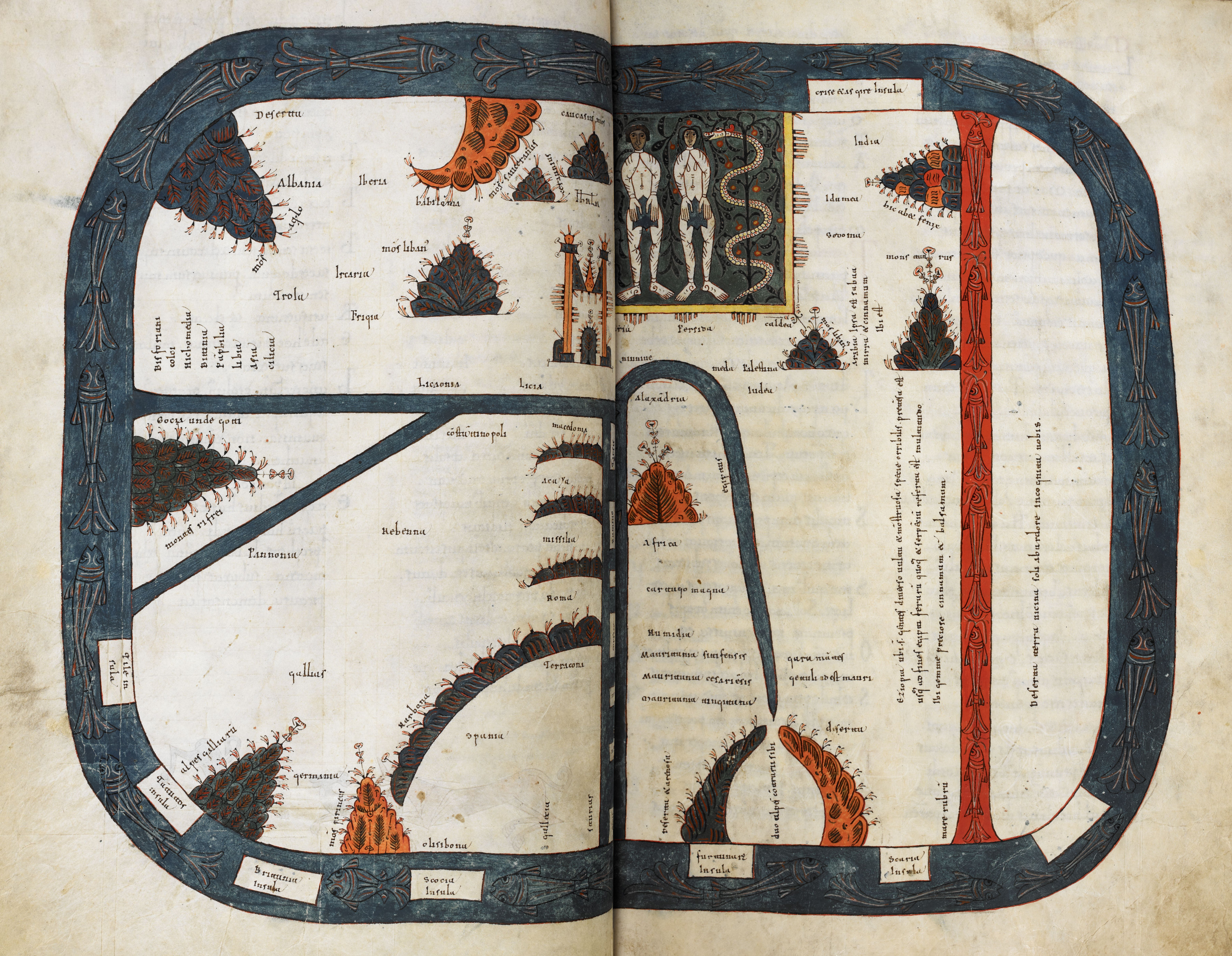 Beatus de Silos, folios 39v-40r – Mapa Mundi. Sont représentées l’Asie, l’Afrique et l’Europe. Le jardin d’Eden, Jérusalem et la mer Rouge sont mis en valeur.