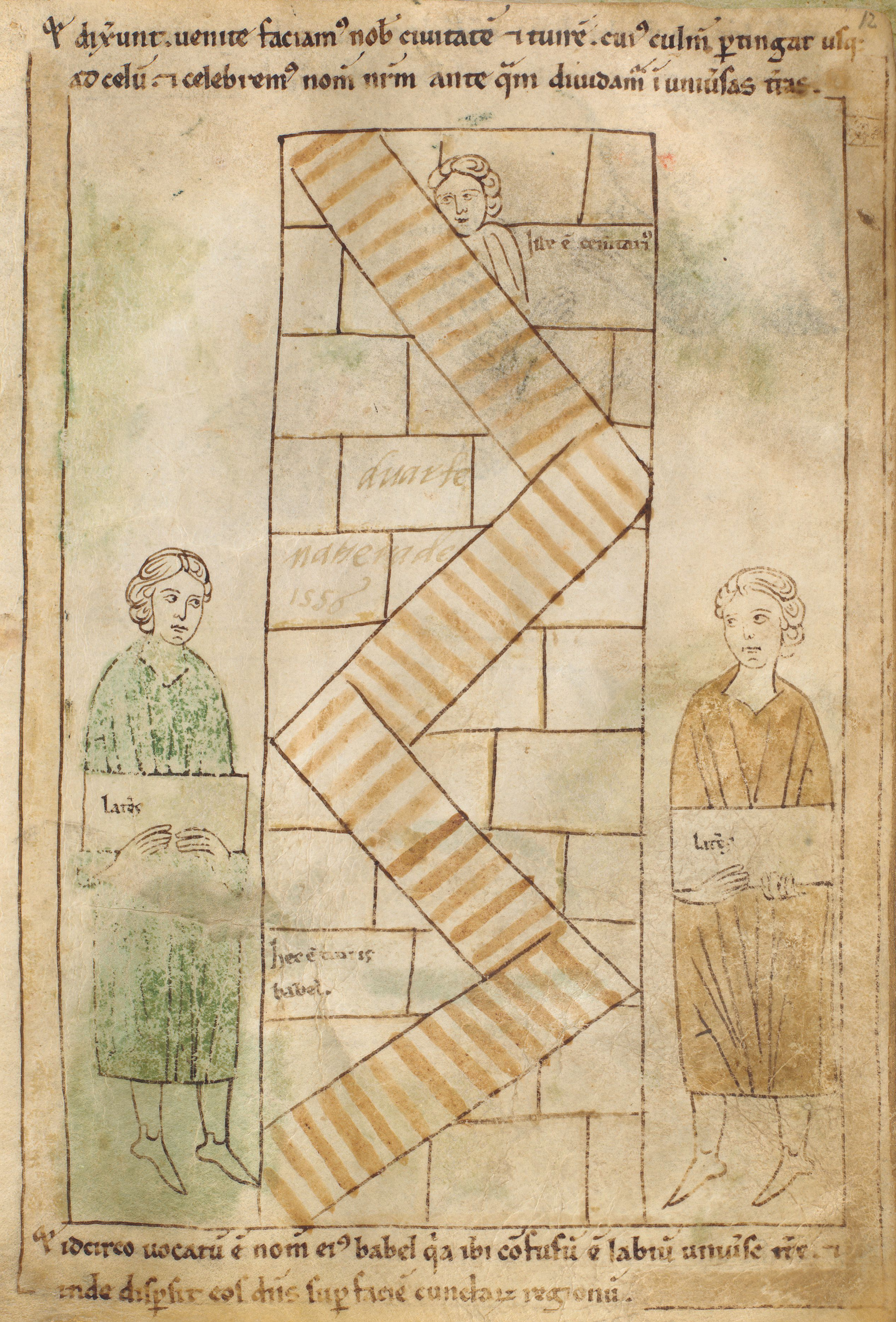 Seconde Bible de Pampelune, folio 12r – La tour de Babel (Gn 11, 1-9).