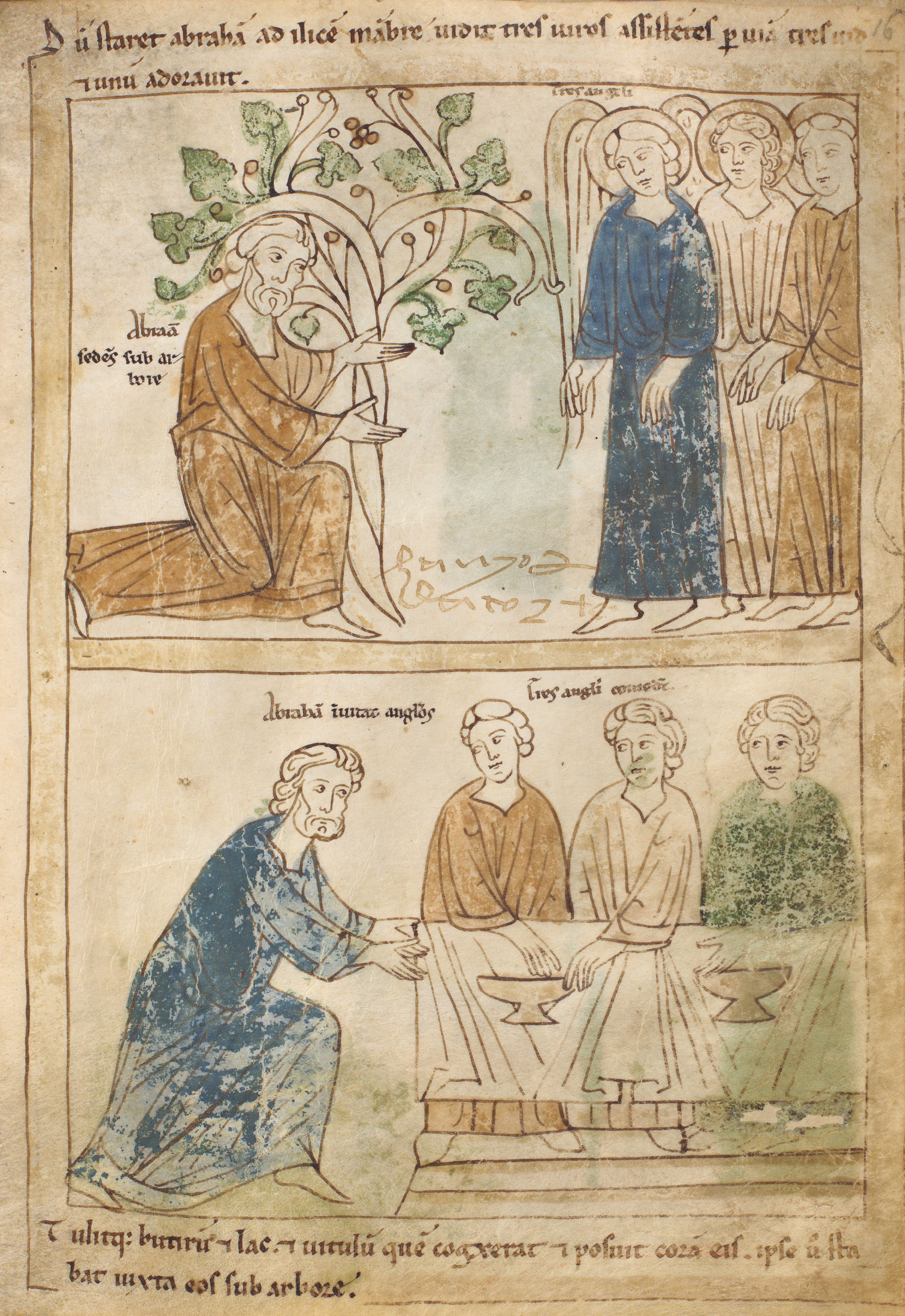 Seconde Bible de Pampelune, folio 16r – Apparition des trois hommes au Chêne de Mambré (Gn 18, 1-2). Abram invite les trois hommes à venir manger sous sa tente (Gn 18, 3-8).