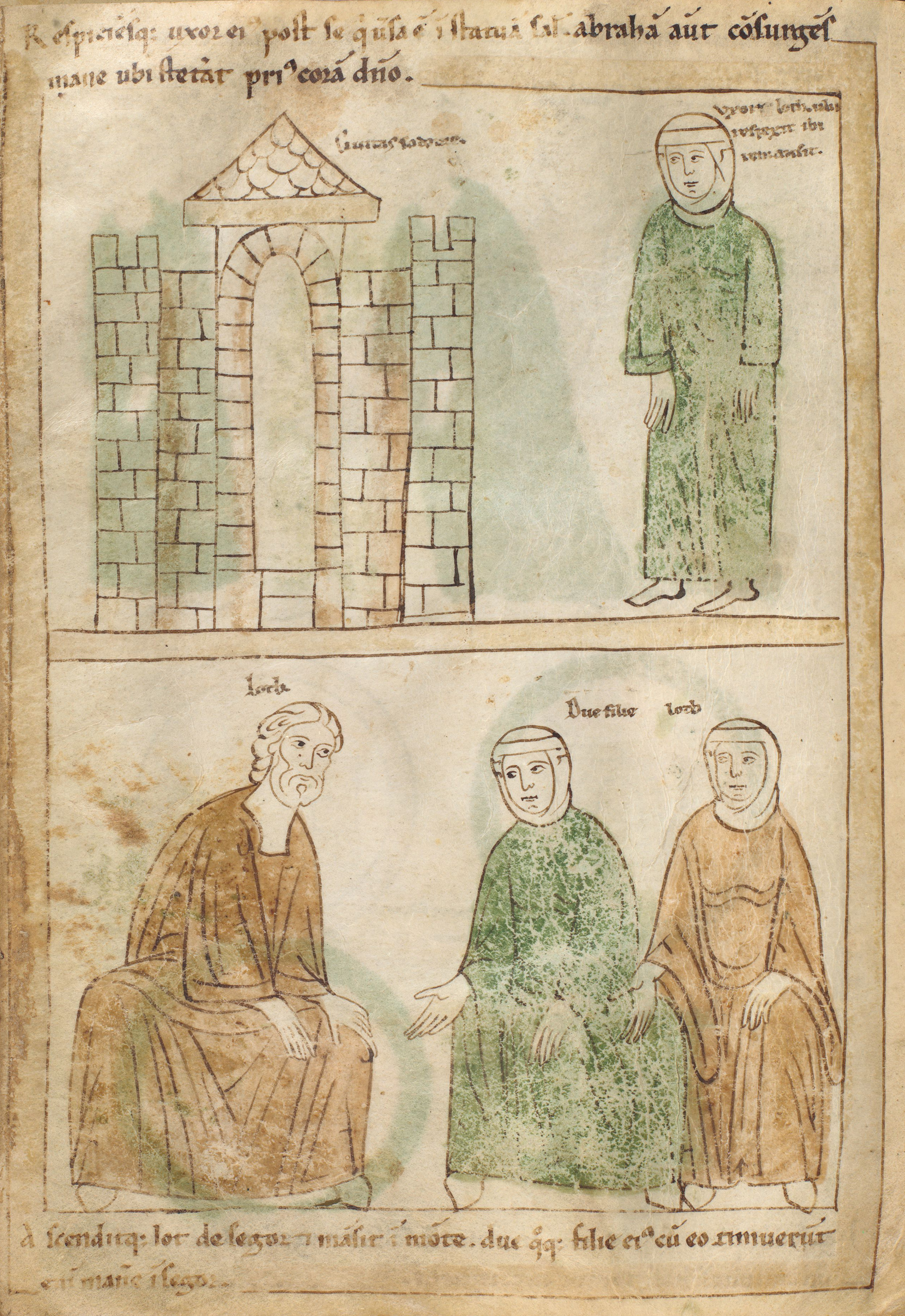 Seconde Bible de Pampelune, folio 17v – La femme de Lot regarde en arrière et se transforme en colonne de sel (Gn 19, 26). Lot survit avec ses deux filles (Gn 19, 30).