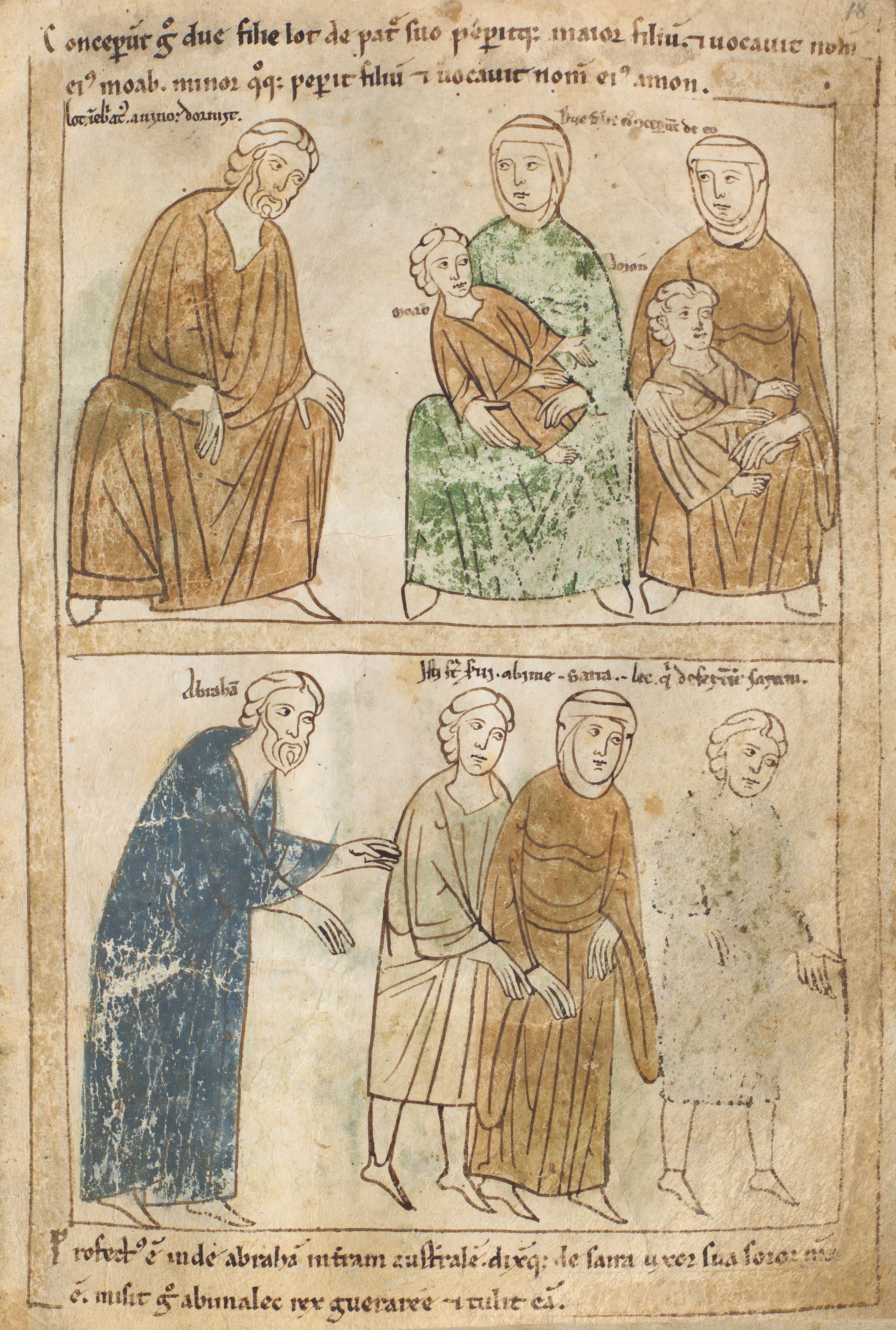 Seconde Bible de Pampelune, folio 18r – Les filles de Lot trouvent un stratagème pour obtenir une descendance de leur père, leur fils seront Moab et Ben‐Ammi (Gn 19, 31-38).