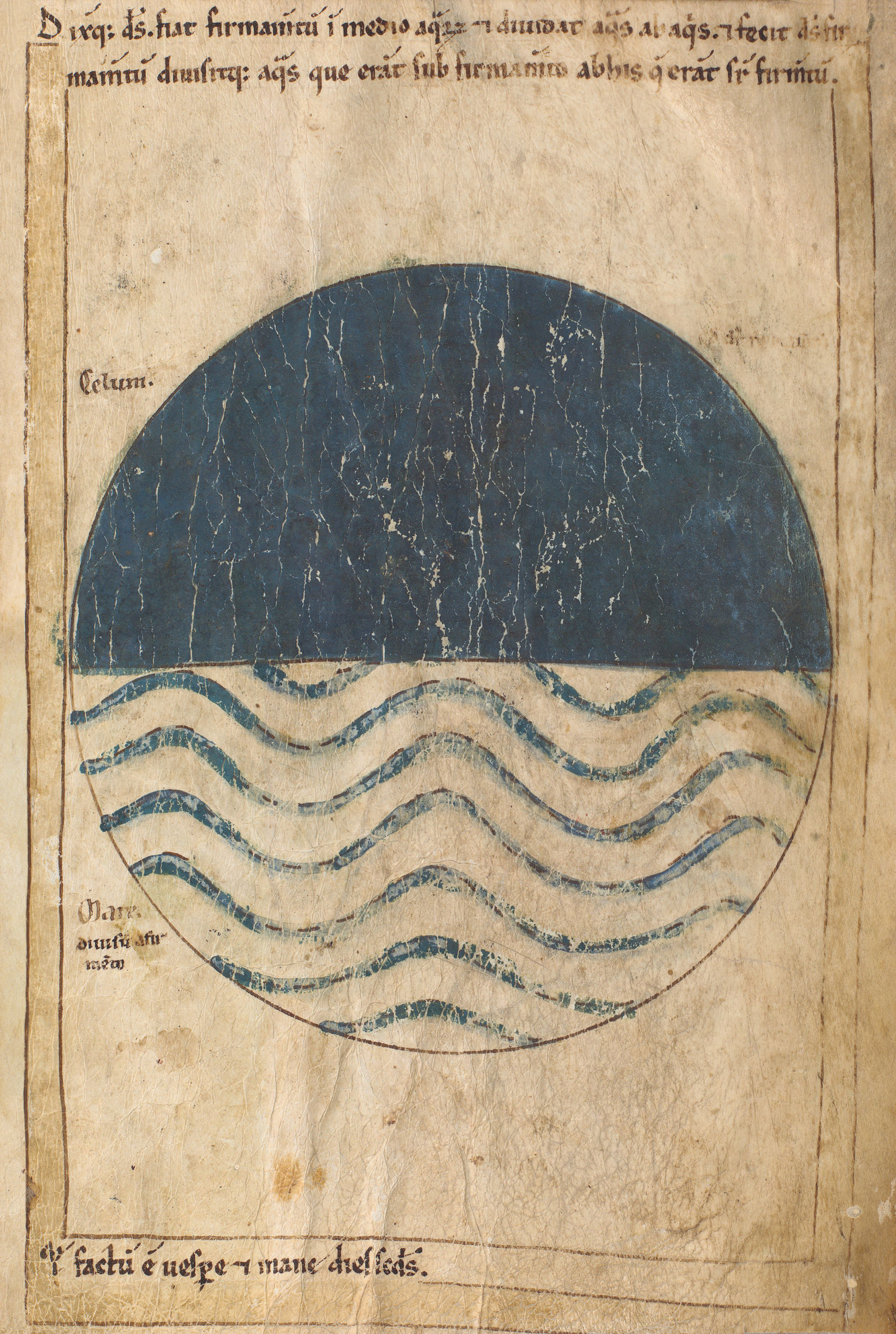 Seconde Bible de Pampelune, folio 1r – La séparation des eaux, création du ciel (Gn 1, 6-8).