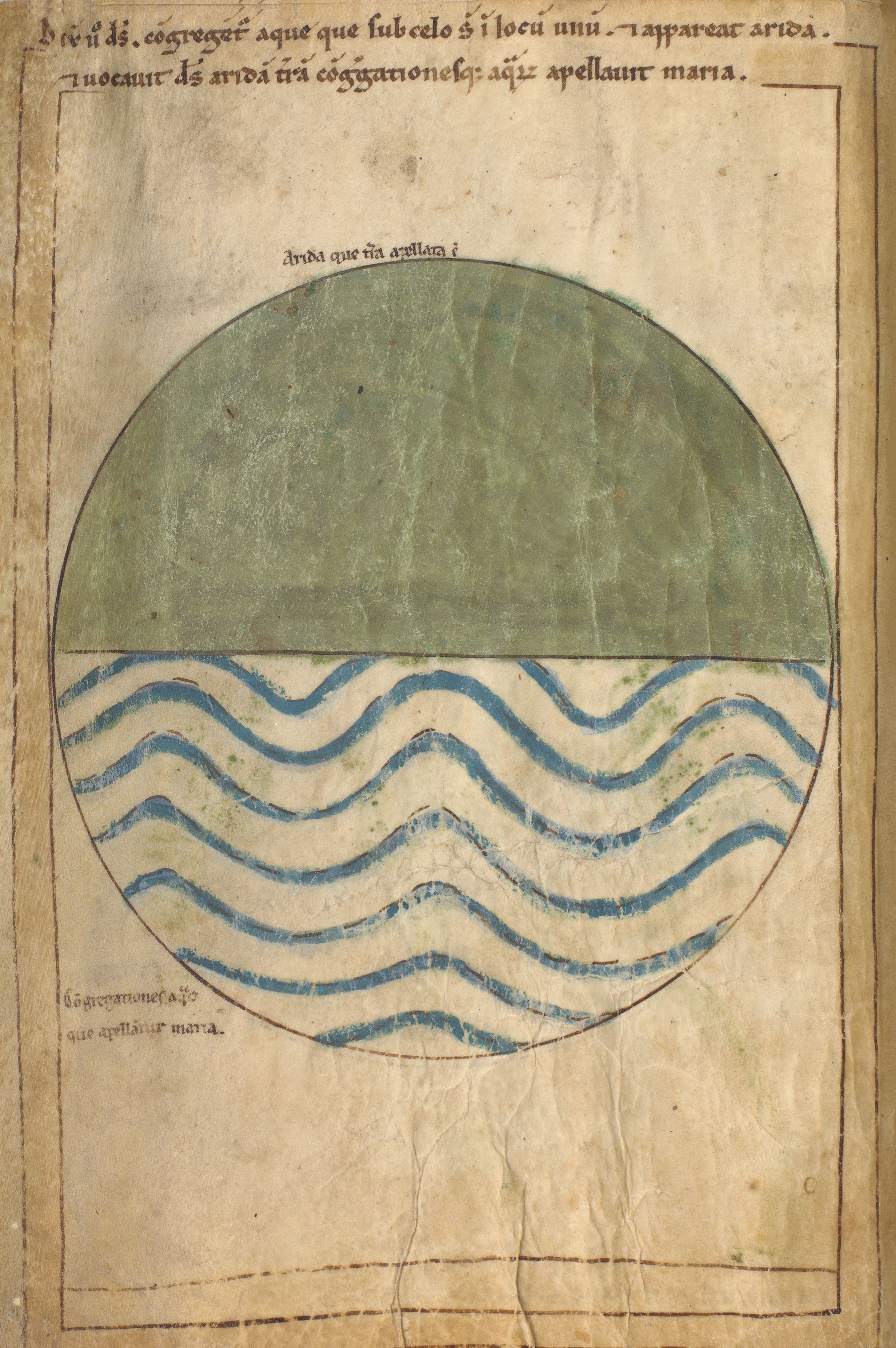 Seconde Bible de Pampelune, folio 1v – L’amassement des eaux, apparition d’un continent, création de la mer et de la terre (Gn 1, 9-10).