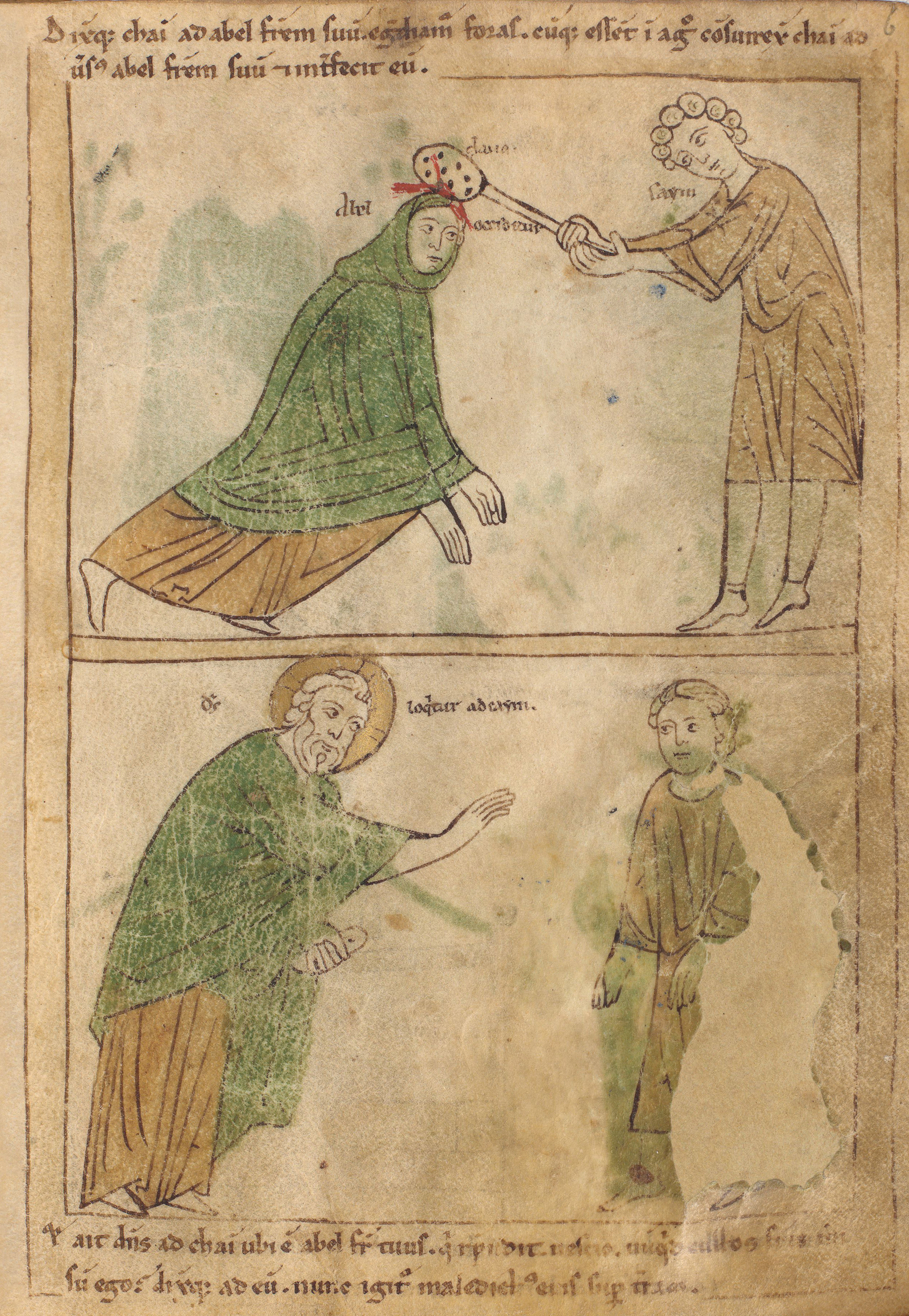 Seconde Bible de Pampelune, folio 6r – Caïn tue Abel avec une massue (Gn 4, 8). Dieu demande à Caïn ce qu’il a fait de son frère (Gn 4, 9).