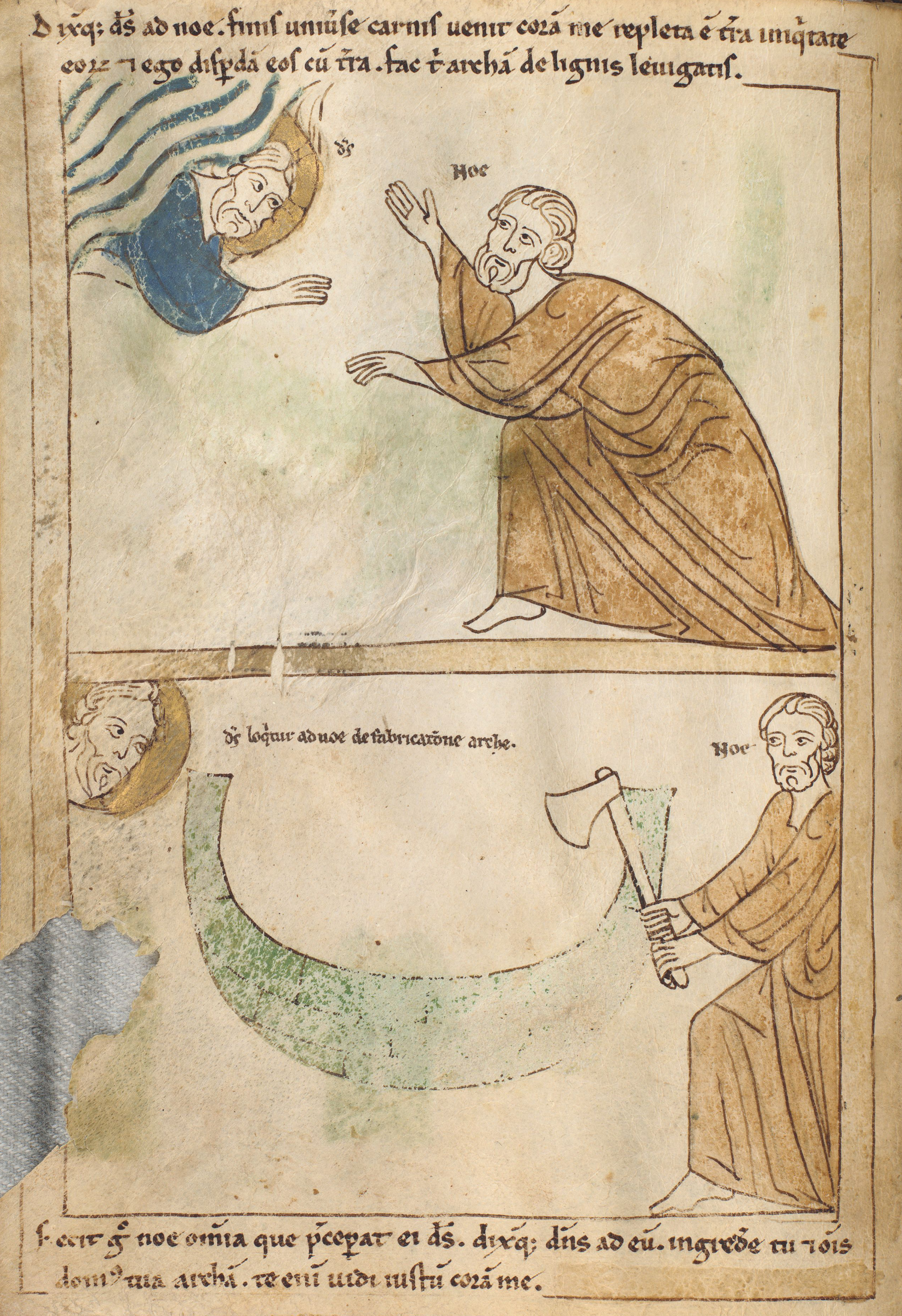 Seconde Bible de Pampelune, folio 8v – Dieu ordonne à Noé de fabriquer une arche (Gn 6, 13-14). Noé fabrique l’arche sur les indications de Dieu (Gn 6, 15-22).