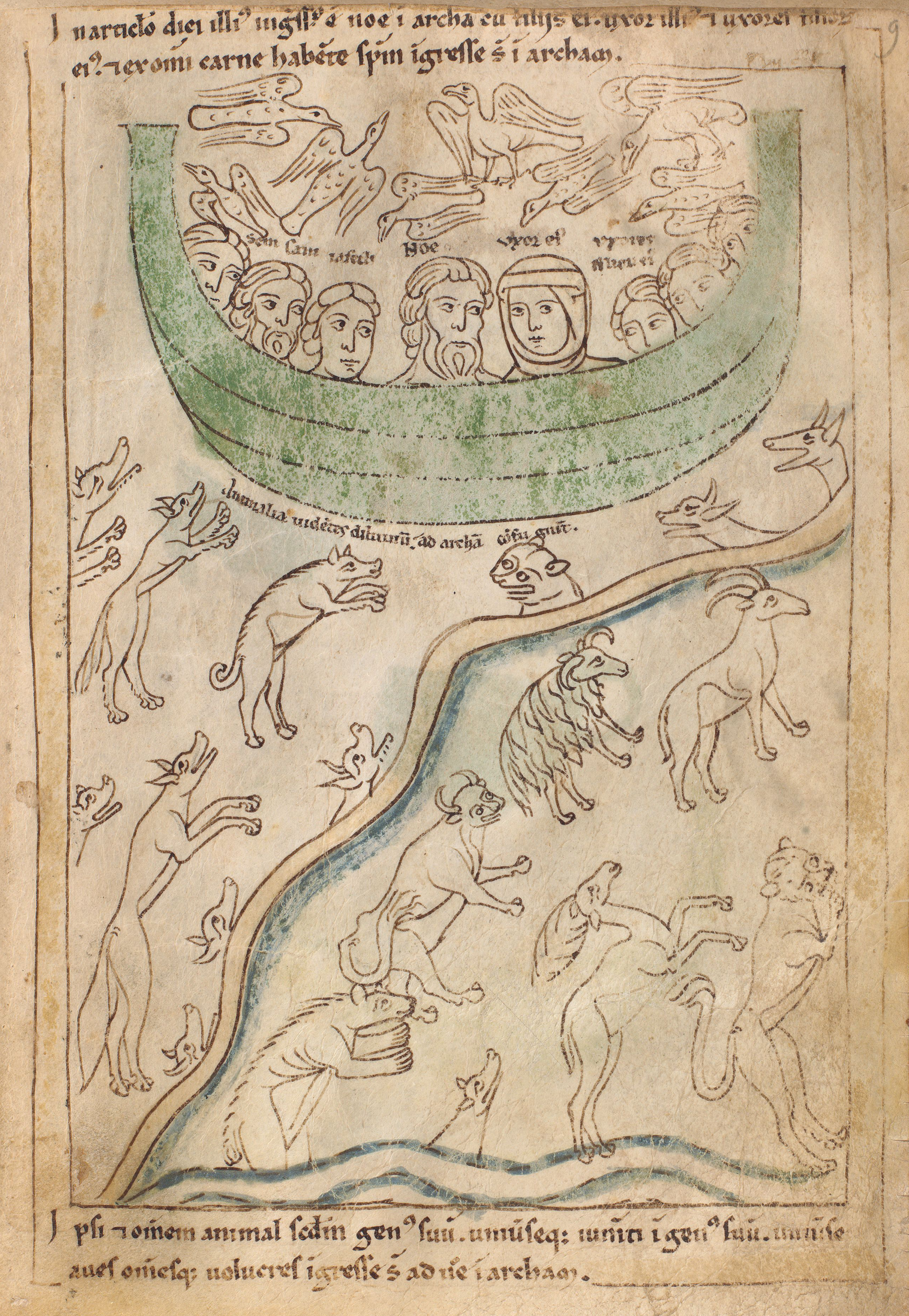 Seconde Bible de Pampelune, folio 9r – Noé, sa famille et un couple de chaque espèce vivant sur la terre entrent dans l’arche (Gn 7, 1-16).