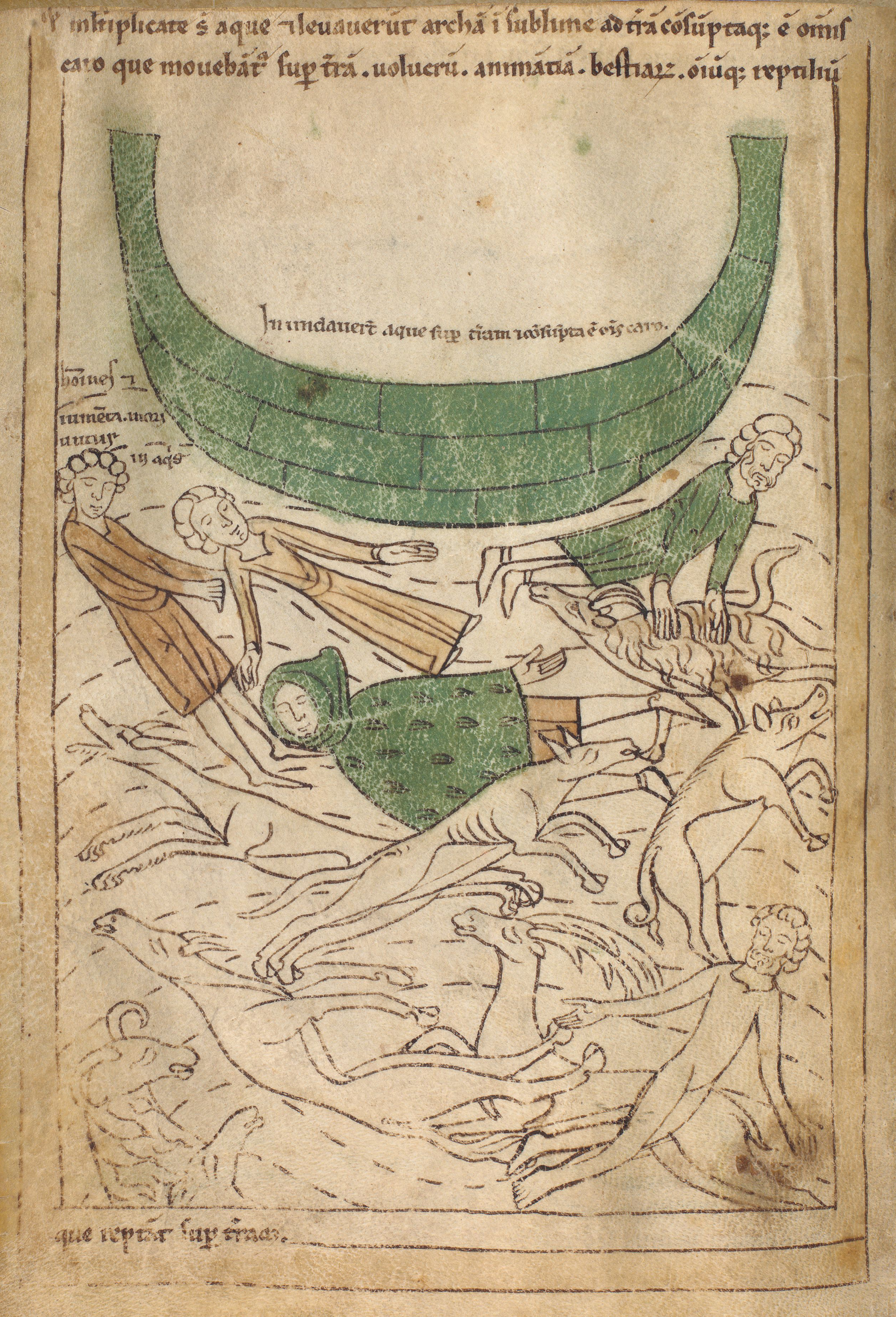 Seconde Bible de Pampelune, folio 9v – Le déluge, l’arche est soulevée par les eaux, toute vie disparaît sur la terre (Gn 7, 17-24).